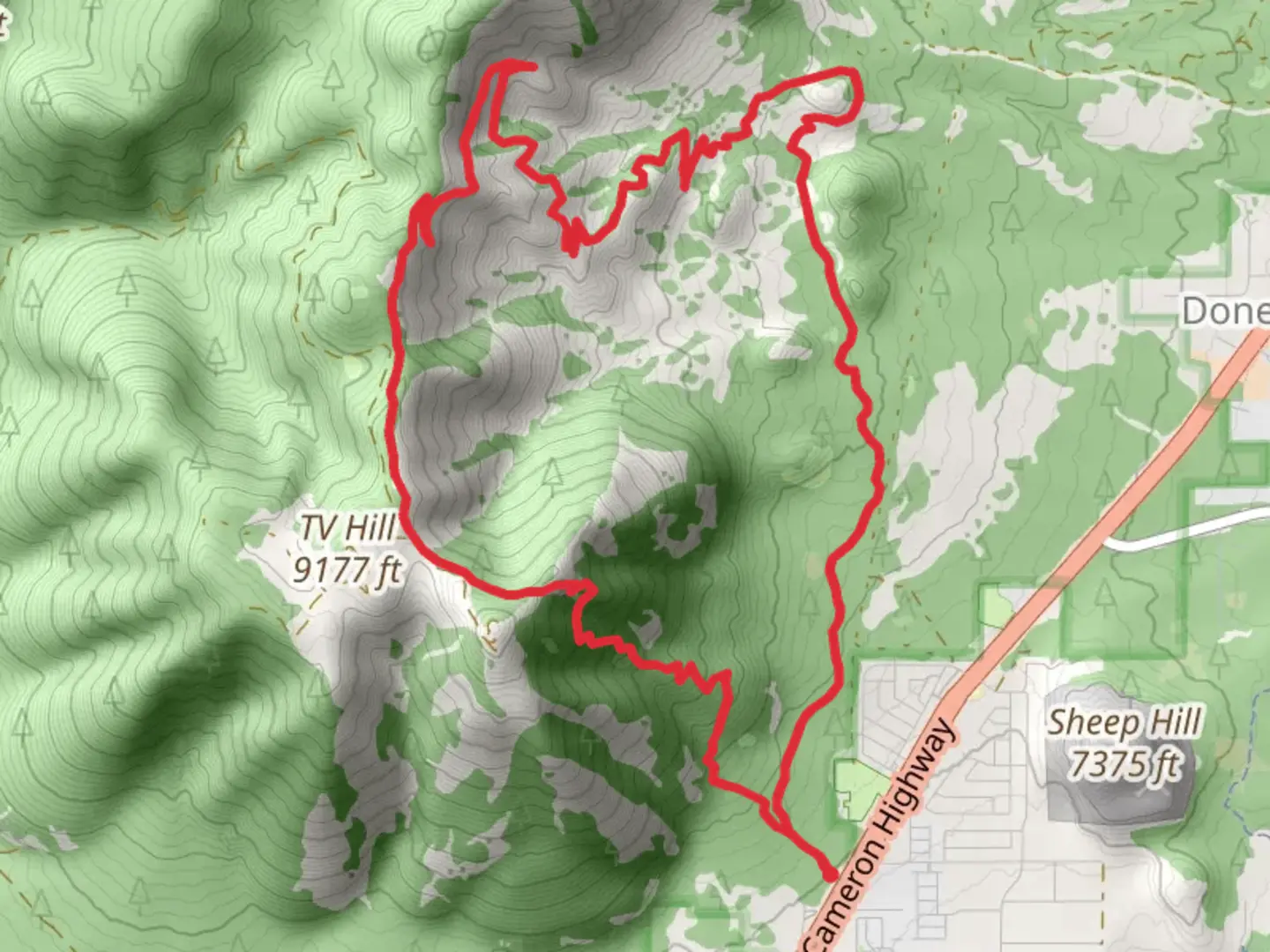 An image depicting the trail Little Elden Mountain via Heart Trail and its surrounding area.
