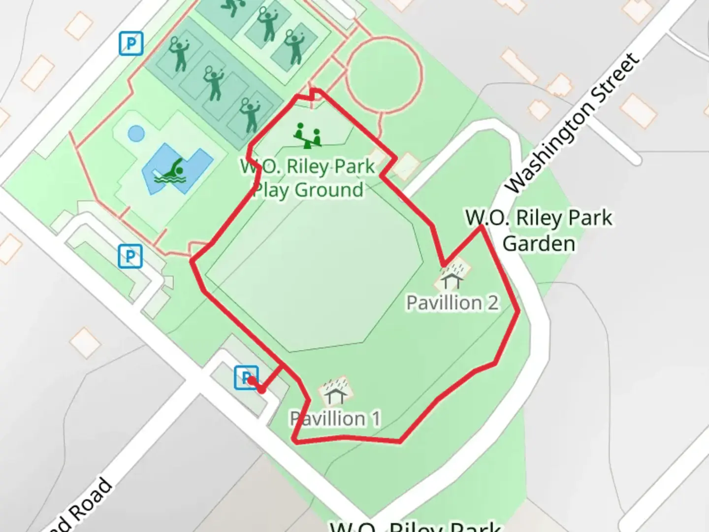 An image depicting the trail W O Riley Park Loop and its surrounding area.