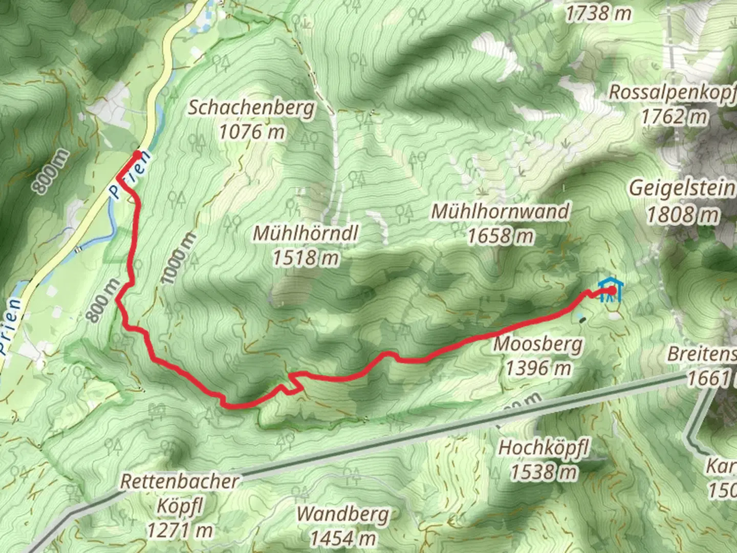 An image depicting the trail Innerwald to Priener Huette Via Alpina Purple and its surrounding area.