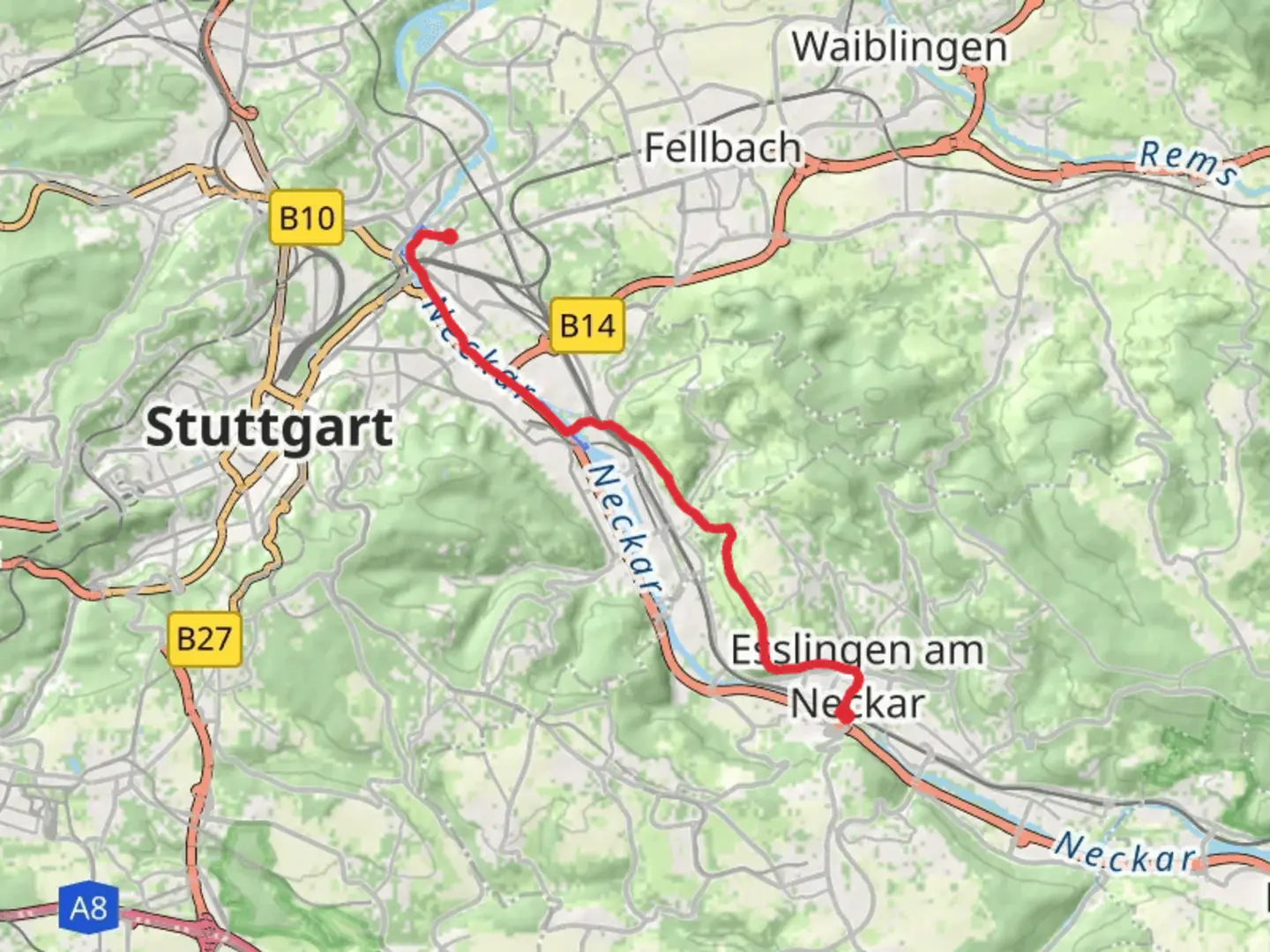 An image depicting the trail Bad Cannstatt to Esslingen am Neckar and its surrounding area.