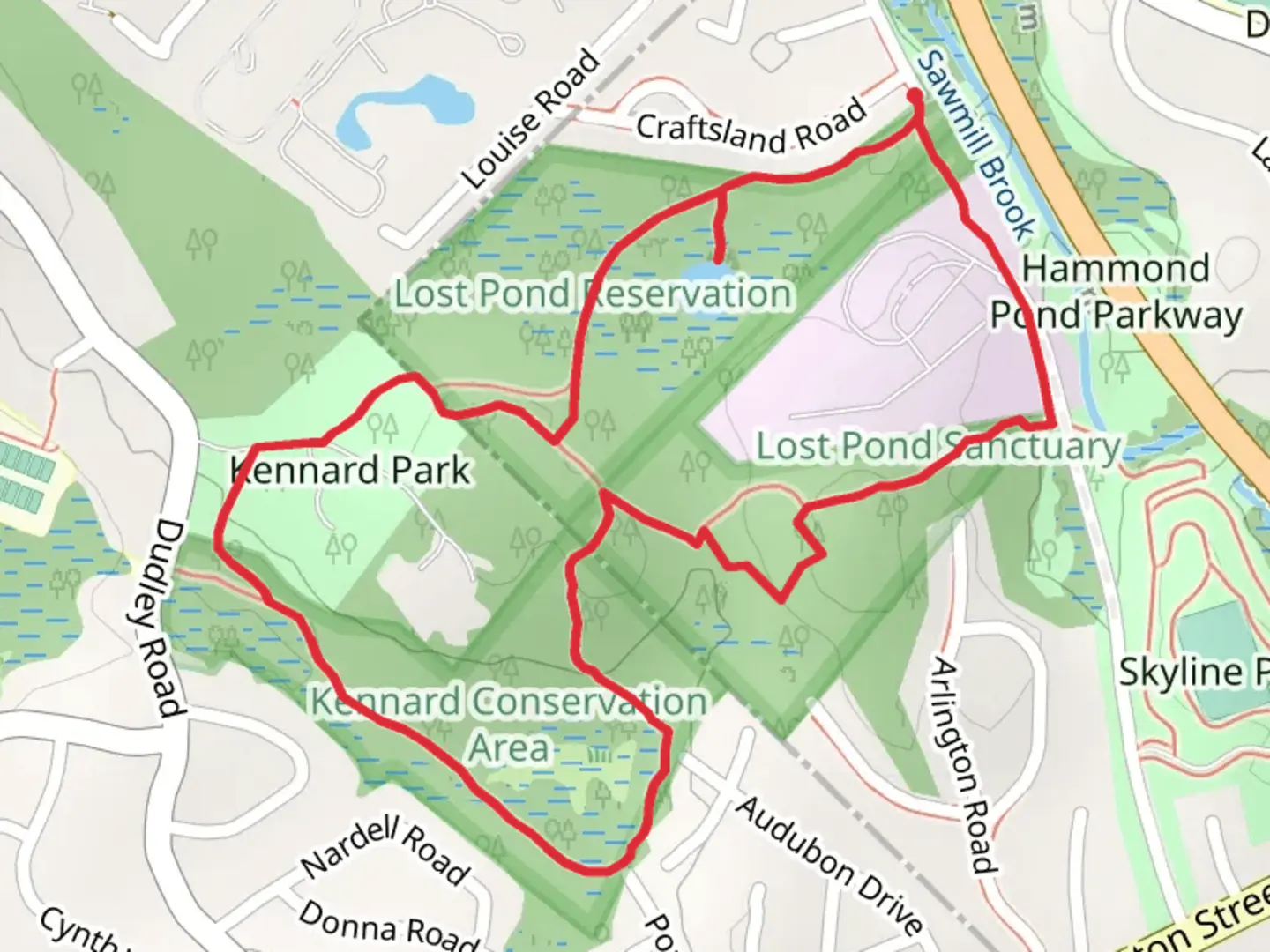 An image depicting the trail Lost Pond and Kennard Park Loop and its surrounding area.