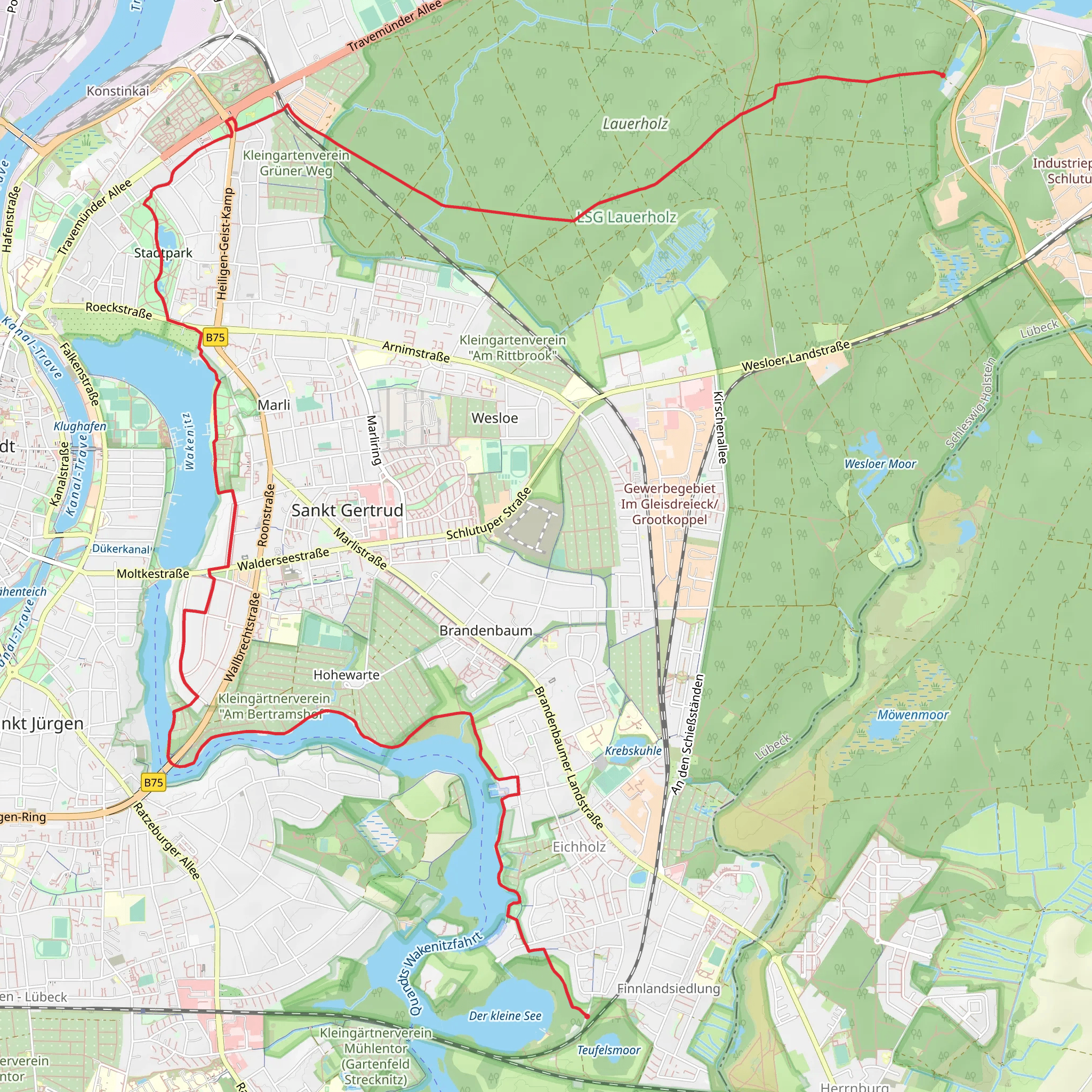 Finnland to Alt Lauerhof via Wakenitz and Draegerweg mobile static map