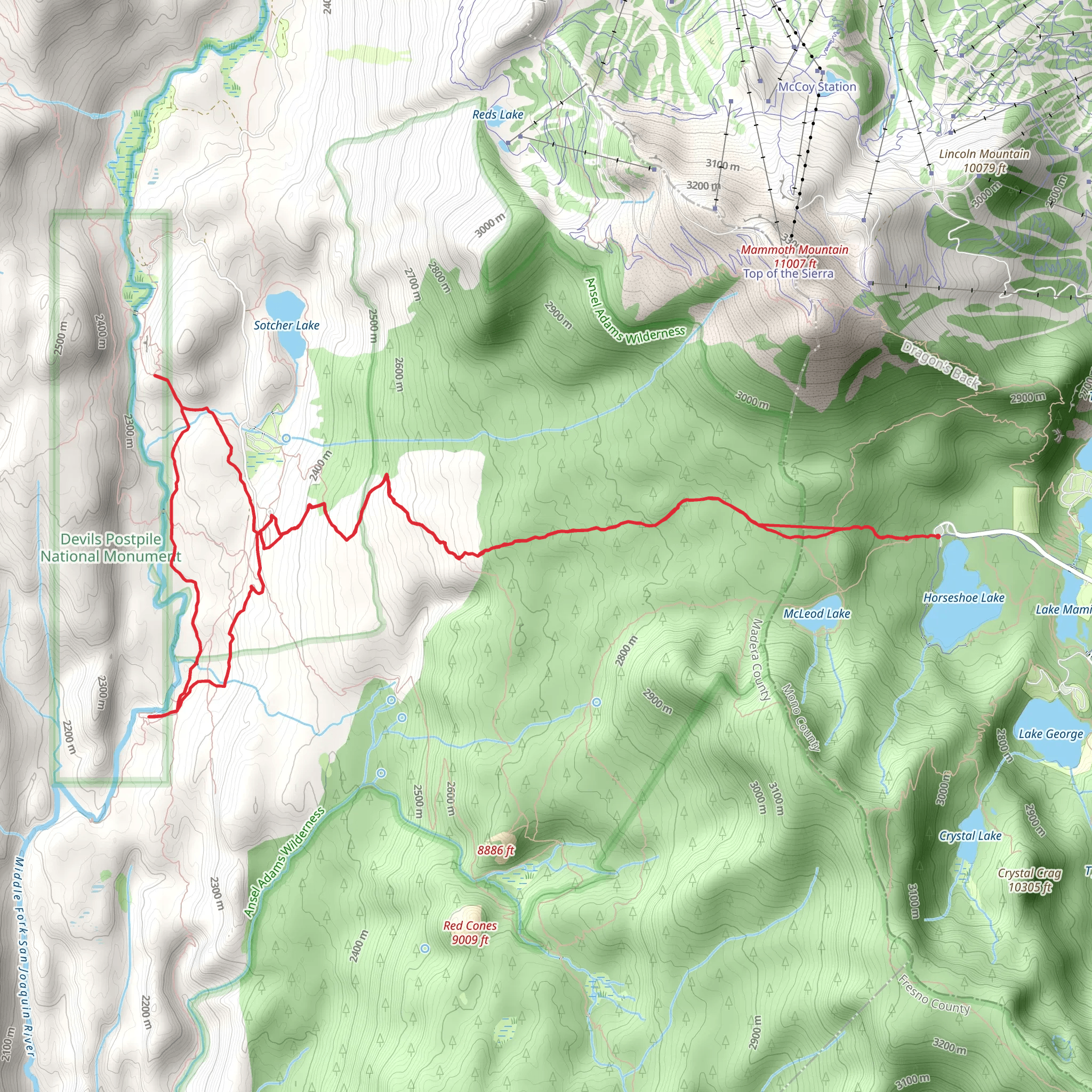 Mammoth Pass Trail and Rainbow Falls Wagon Trail mobile static map