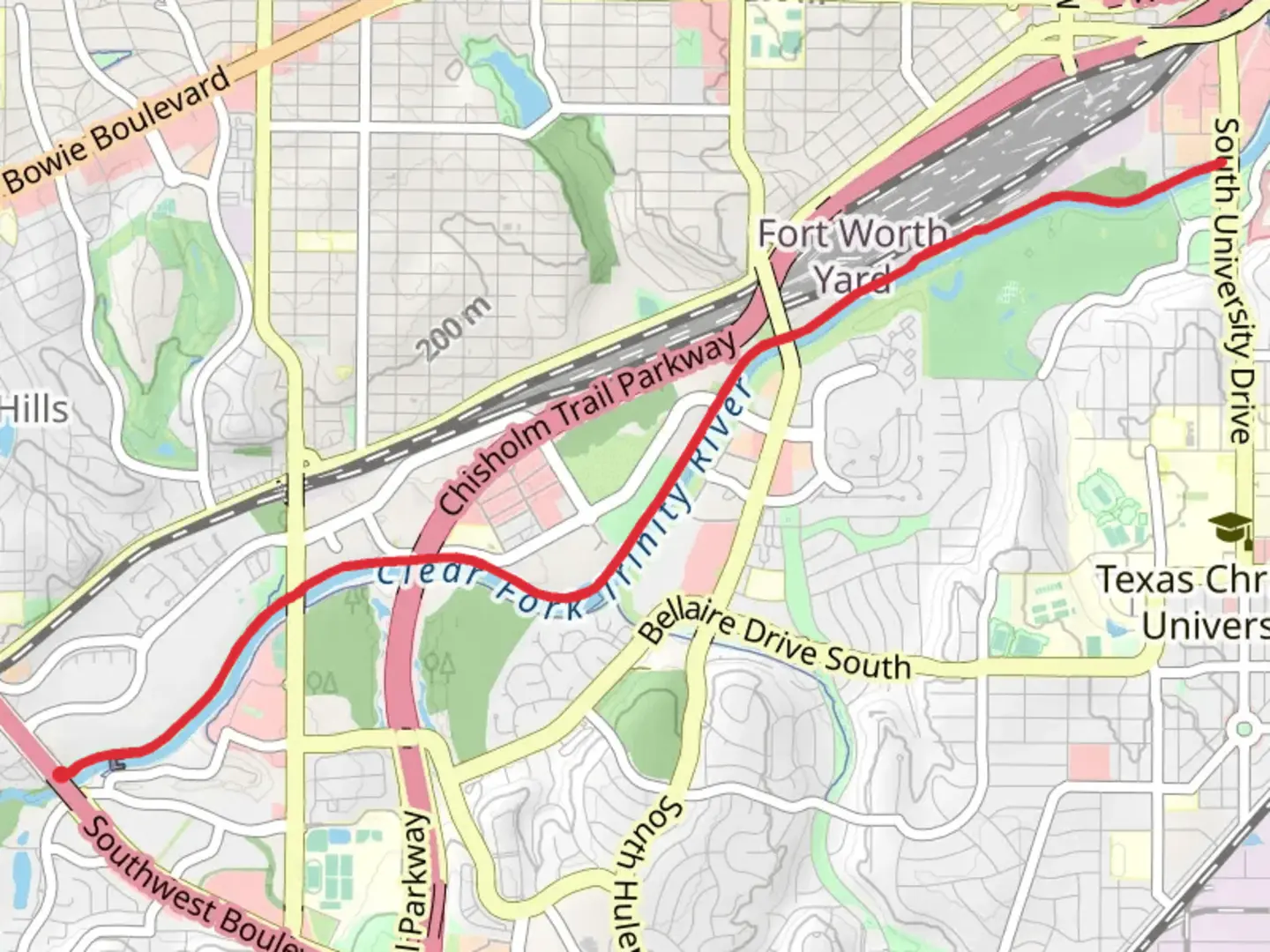 An image depicting the trail Trinity Trail Out and Back and its surrounding area.