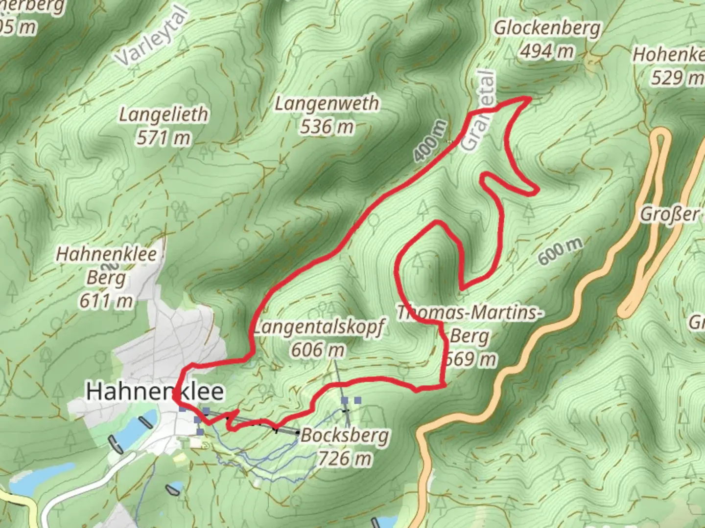An image depicting the trail Graneweg and Liebesbankweg Loop and its surrounding area.