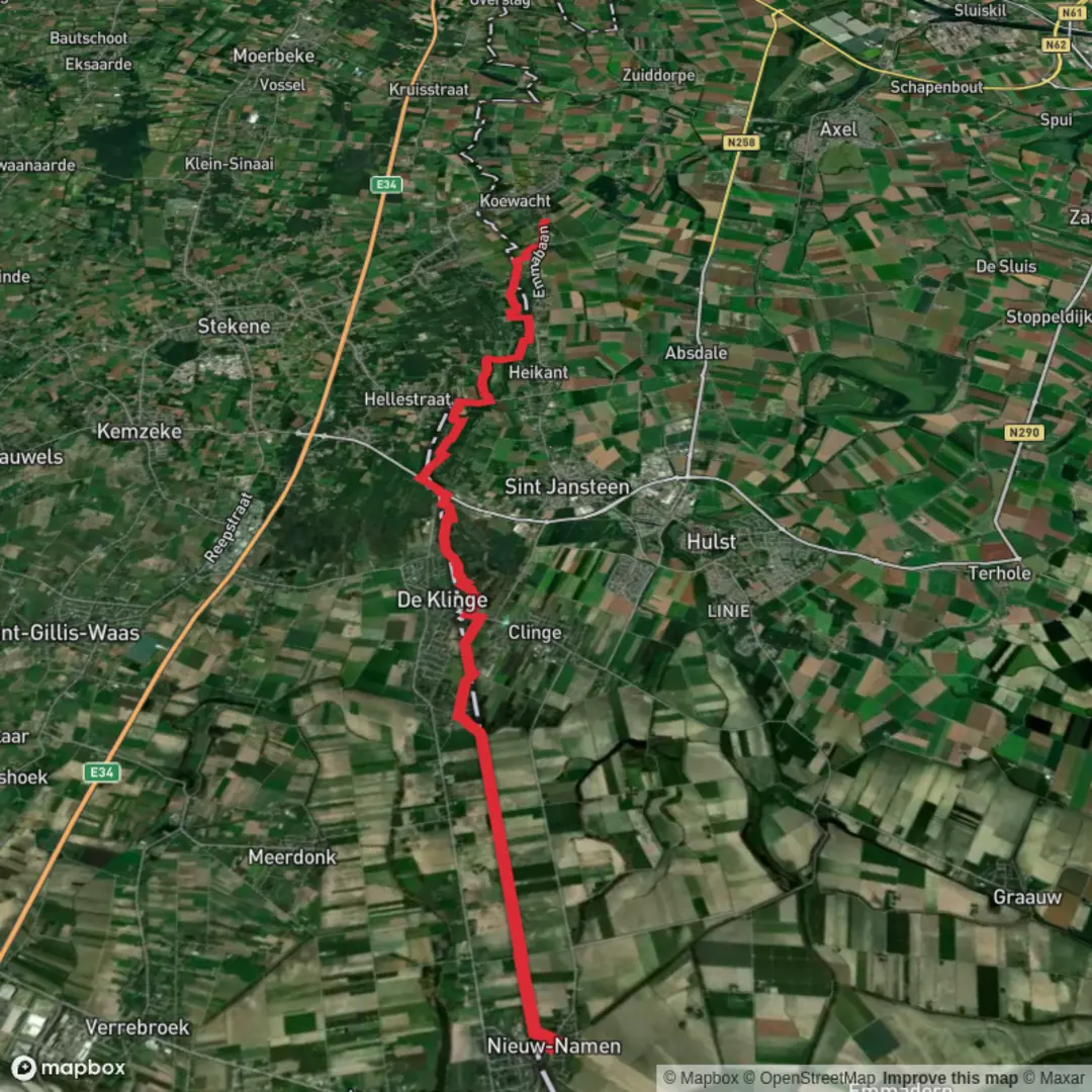 An image depicting the trail Nieuw Namen to Koewacht via Tweelanden Route and its surrounding area.