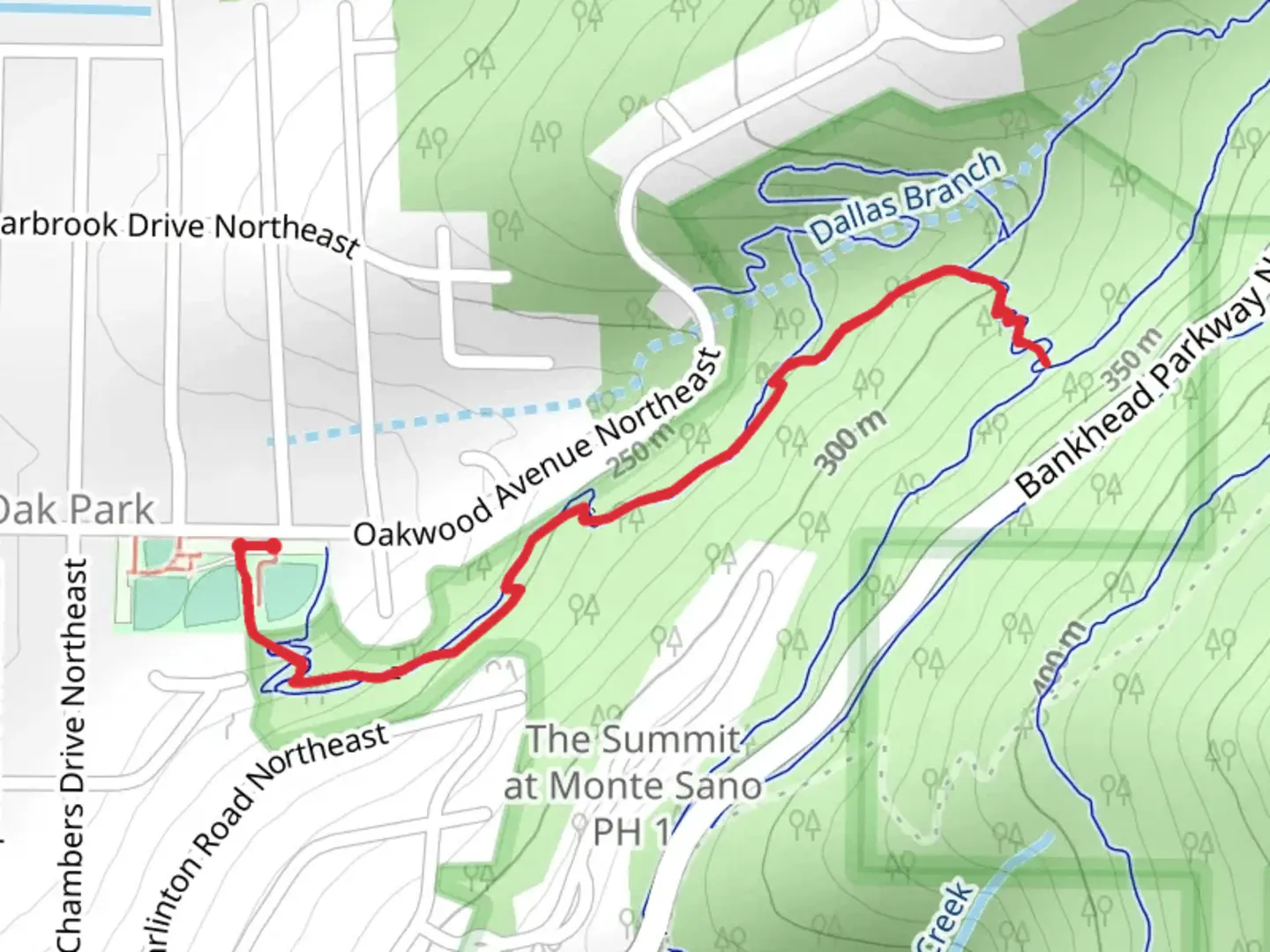 An image depicting the trail Oak Park Trail and its surrounding area.
