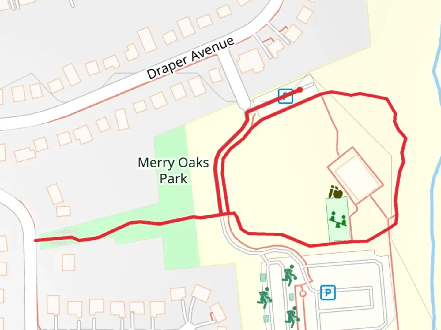 An image depicting the trail Merry Oaks Park Loop and its surrounding area.