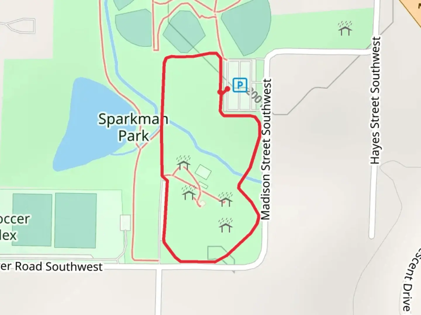 An image depicting the trail Sparkman Park Loop and its surrounding area.
