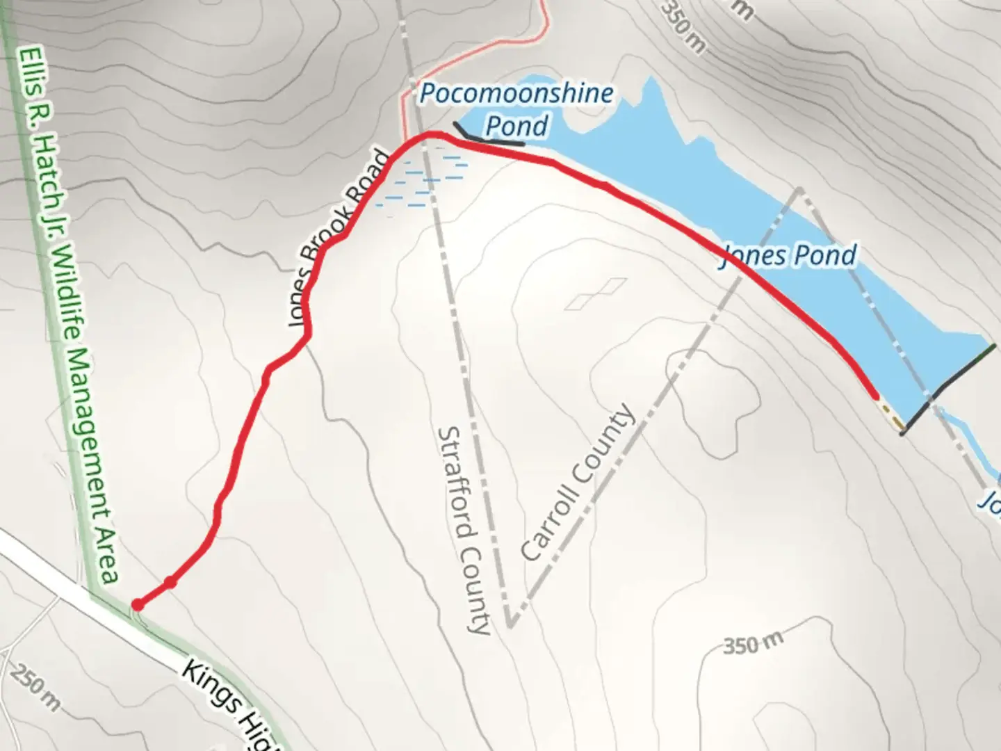 An image depicting the trail Pocomoonshine Pond and Jones Pond Trail and its surrounding area.