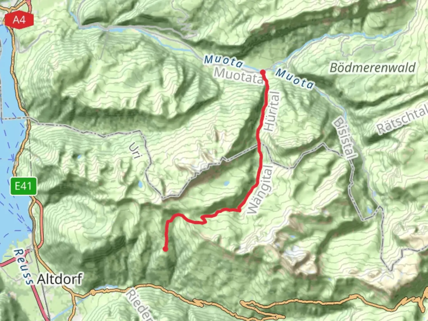 An image depicting the trail Biel-Chinzig–Muotathal and its surrounding area.