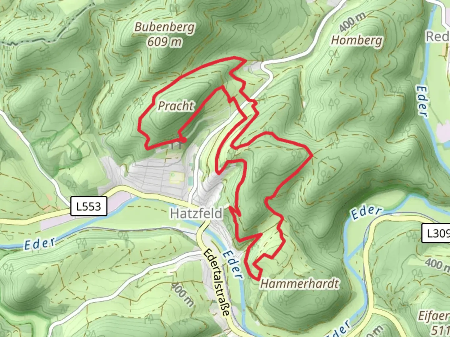 An image depicting the trail Kreuzweg and Burgruine Hatzfeld Loop and its surrounding area.