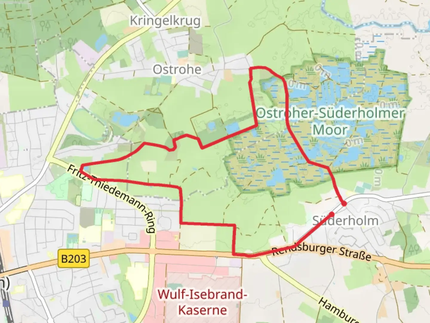 An image depicting the trail Klausmoorsweg and Nuerreekenweg Loop and its surrounding area.