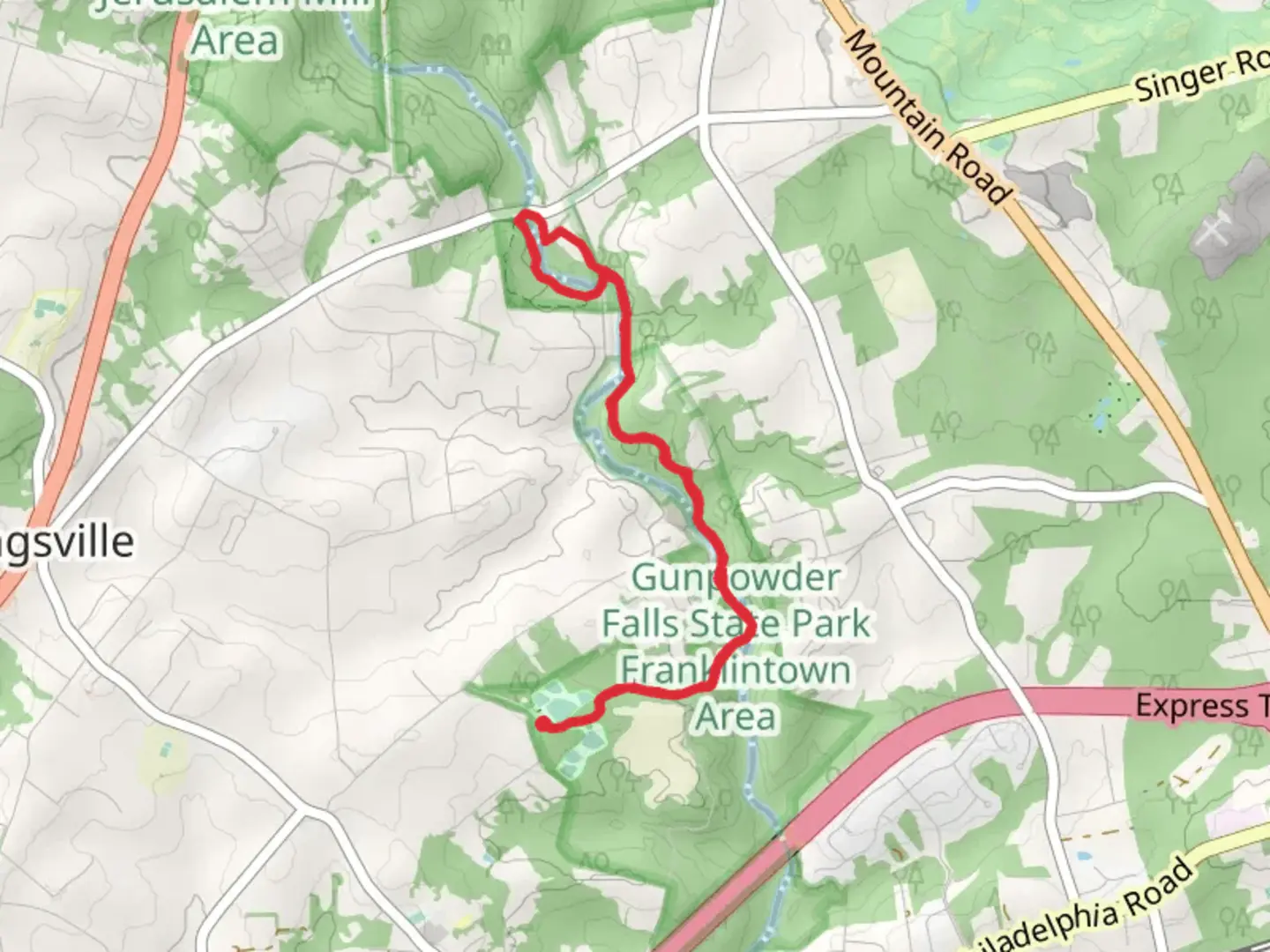 An image depicting the trail Little Gunpowder Trail and Sherwood Trail and its surrounding area.