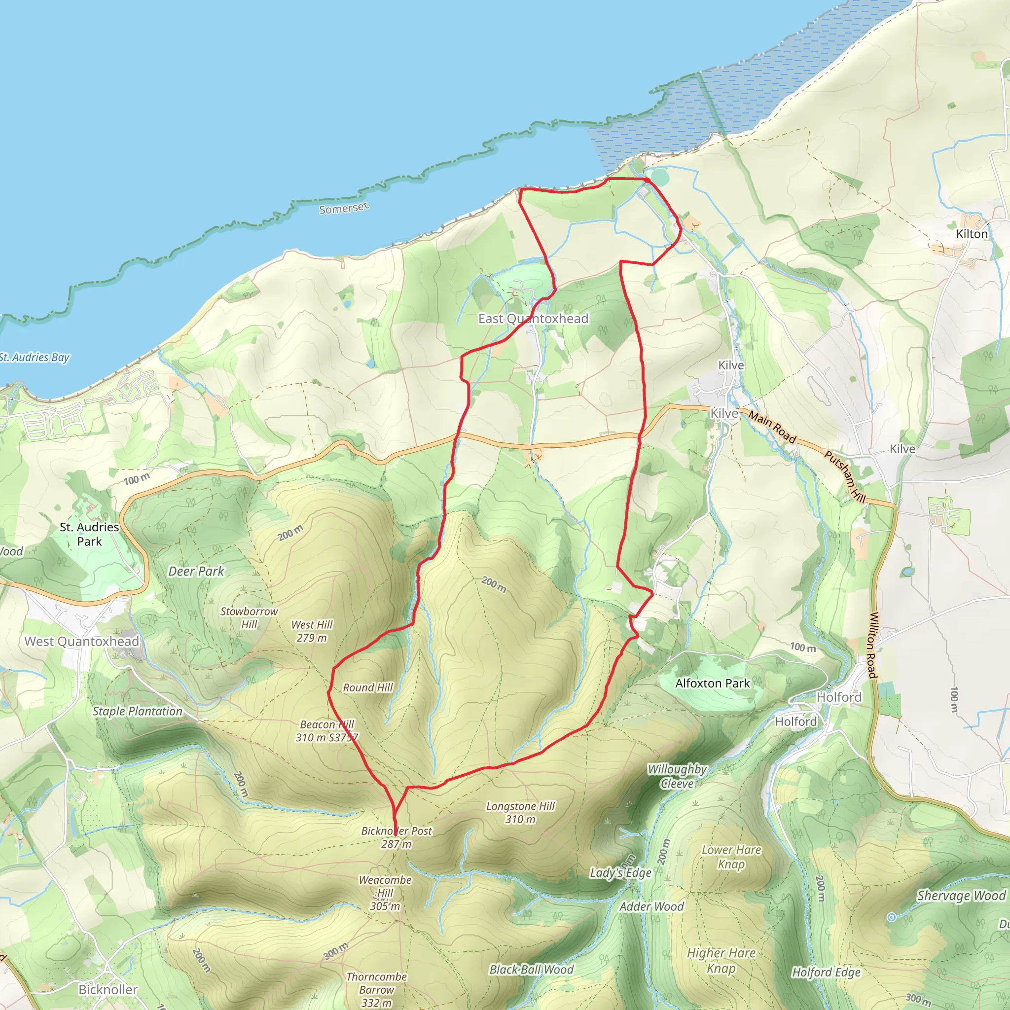 Beacon Hill and Bicknoller Post from Kilve Beach mobile static map