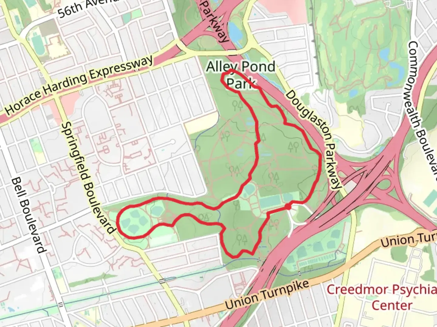 An image depicting the trail Alley Pond Park Trail Loop and its surrounding area.