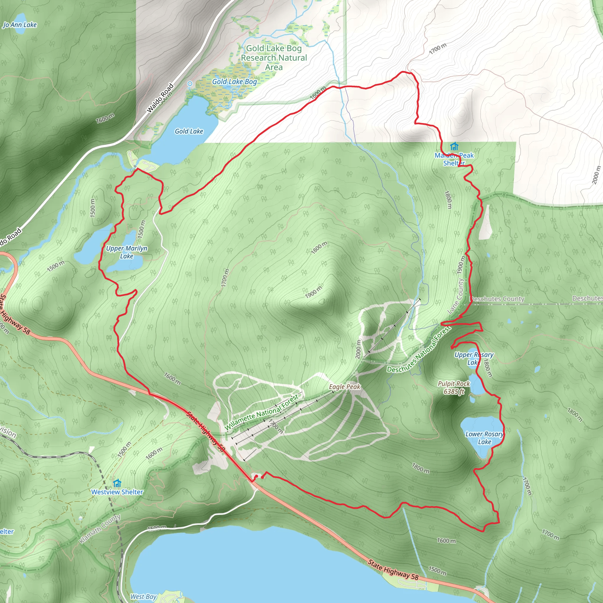 Pacific Crest, Lower and Upper Rosary Lake and Maiden Peak Loop Trail mobile static map
