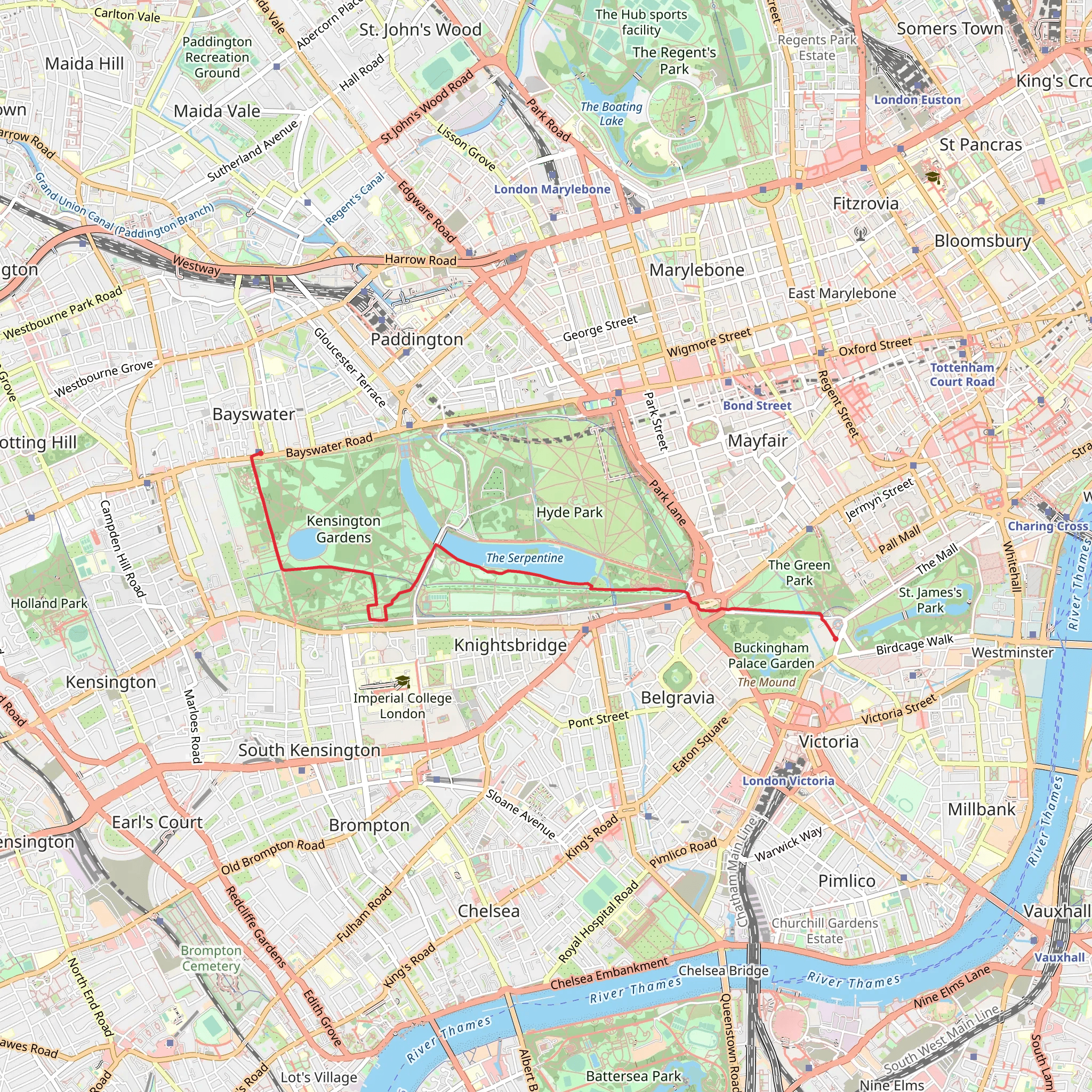 Queensway to Buckingham Palace mobile static map