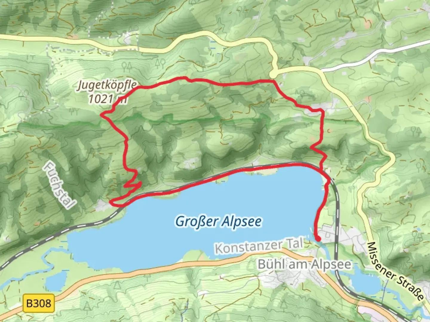 An image depicting the trail Großer Alpsee via Jakobsweg Tirol - Allgaeu and its surrounding area.