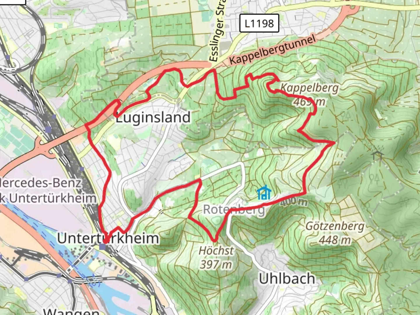 An image depicting the trail Untertürkheim Loop and its surrounding area.