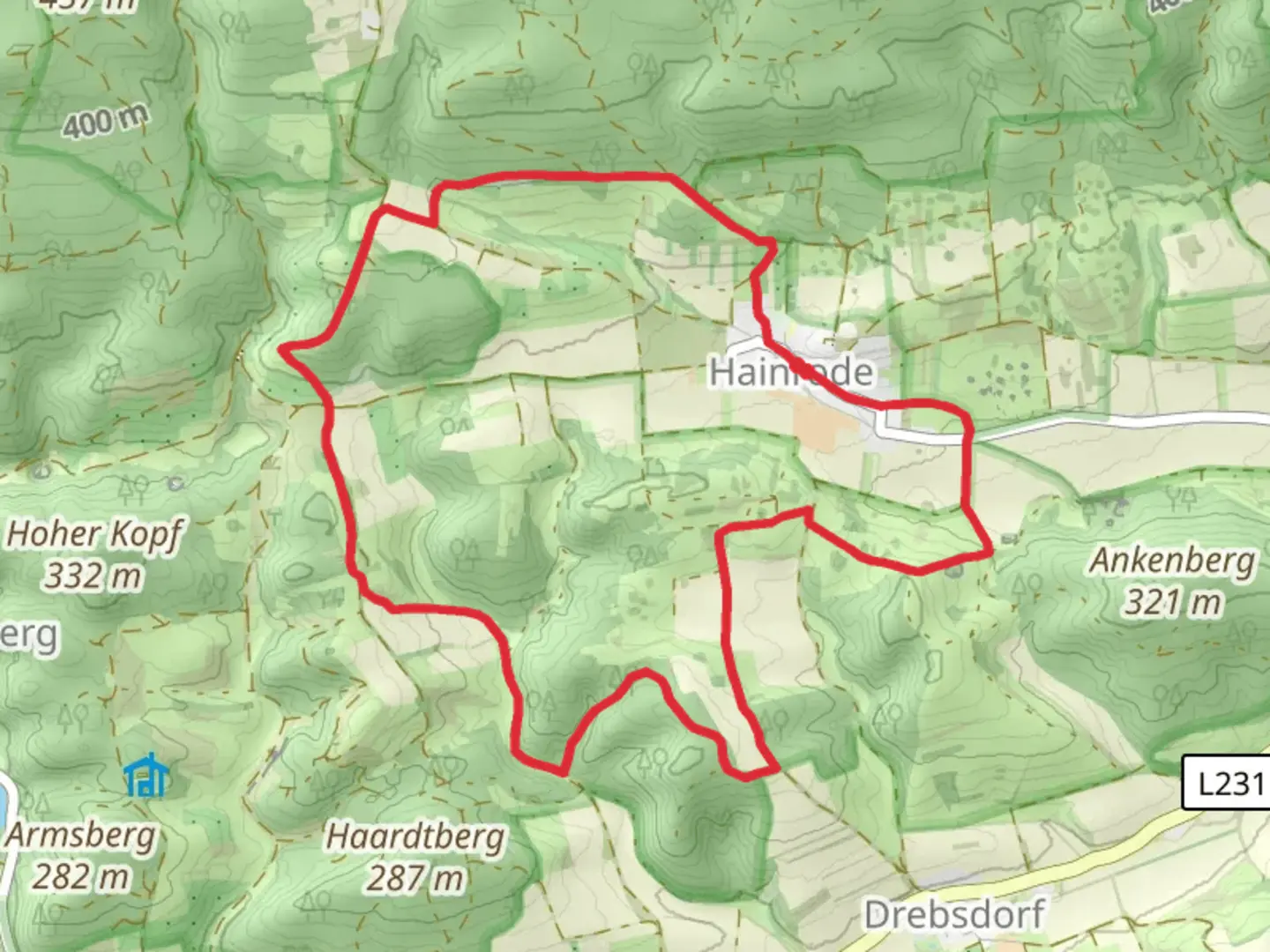 An image depicting the trail Rundweg Hainrode and its surrounding area.