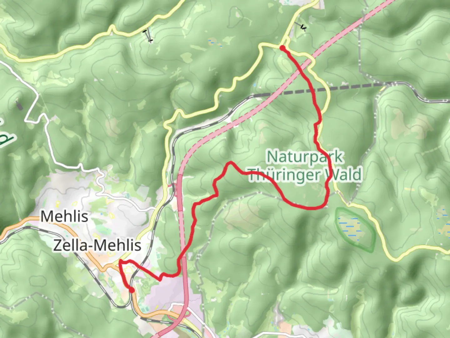 An image depicting the trail Oberhof to Zella-Mehlis via Rennsteig and its surrounding area.