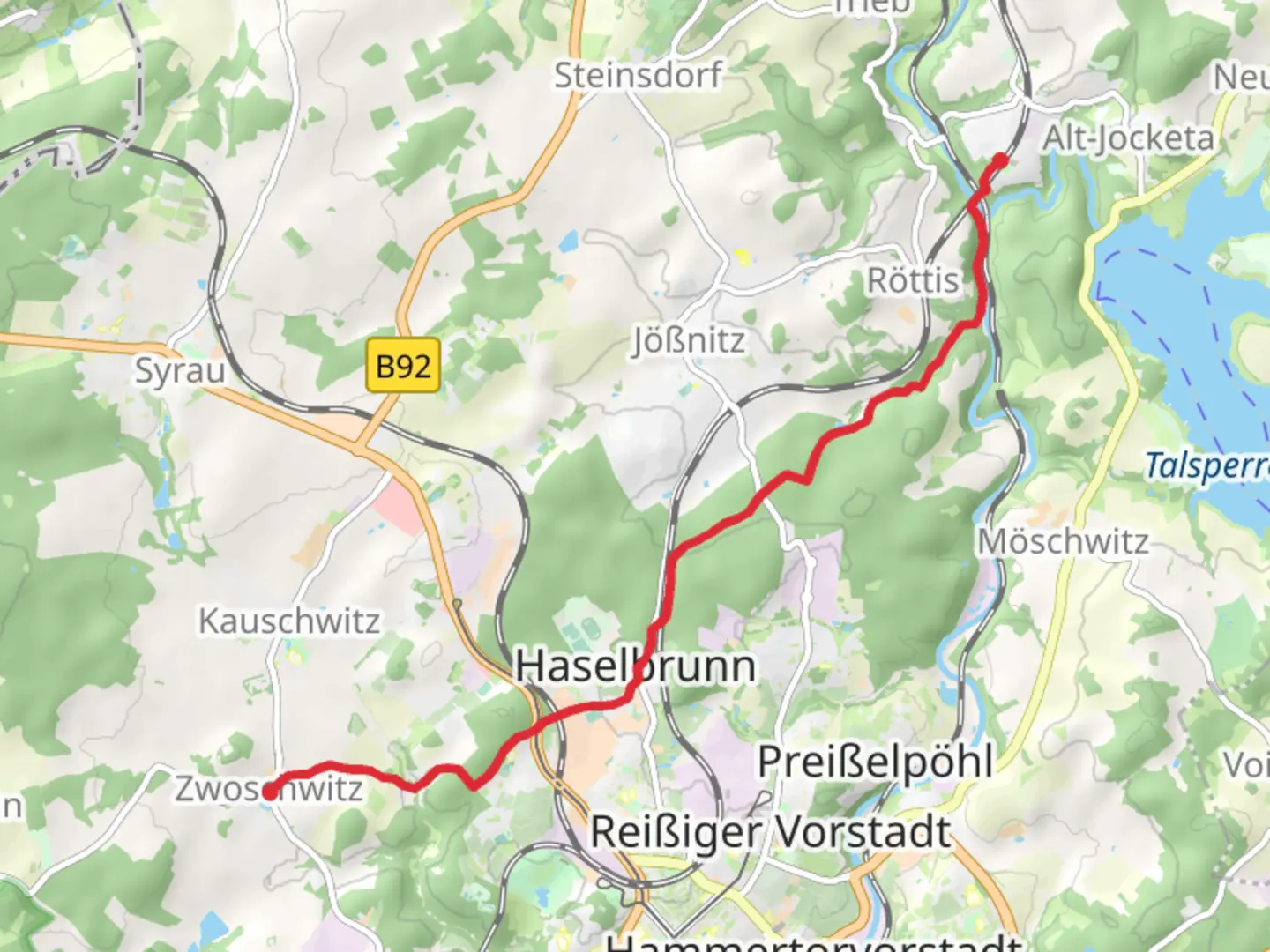 An image depicting the trail Jocketa to Zwoschwitz via Holzmühlenweg and its surrounding area.