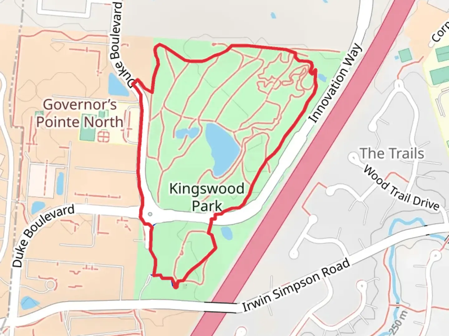 An image depicting the trail Kingswood Park Loop and its surrounding area.