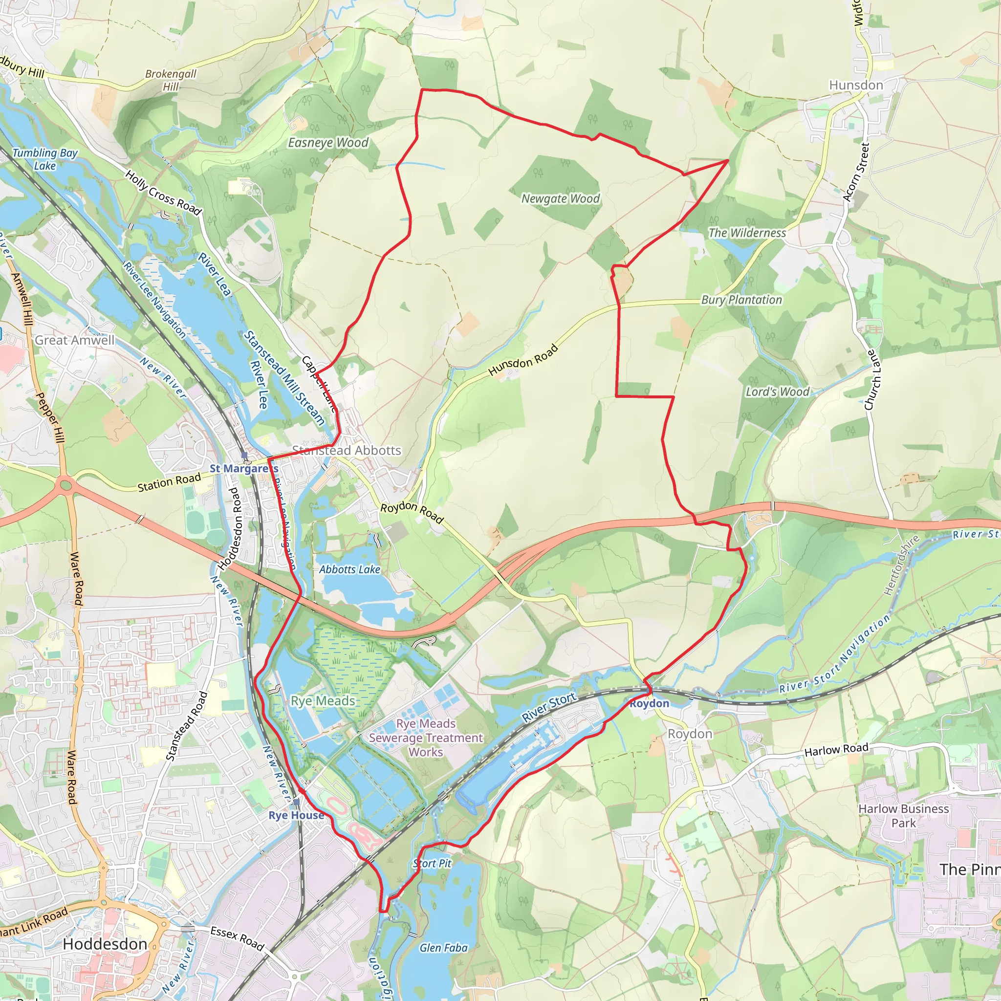 Rye House Circular via Roydon and Stanstead Abbots mobile static map