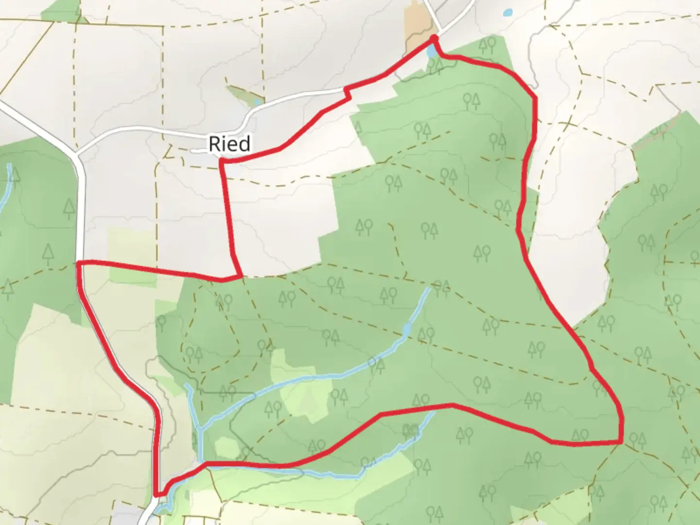 An image depicting the trail Wallanlage and Tiergarten Loop - Ried and its surrounding area.