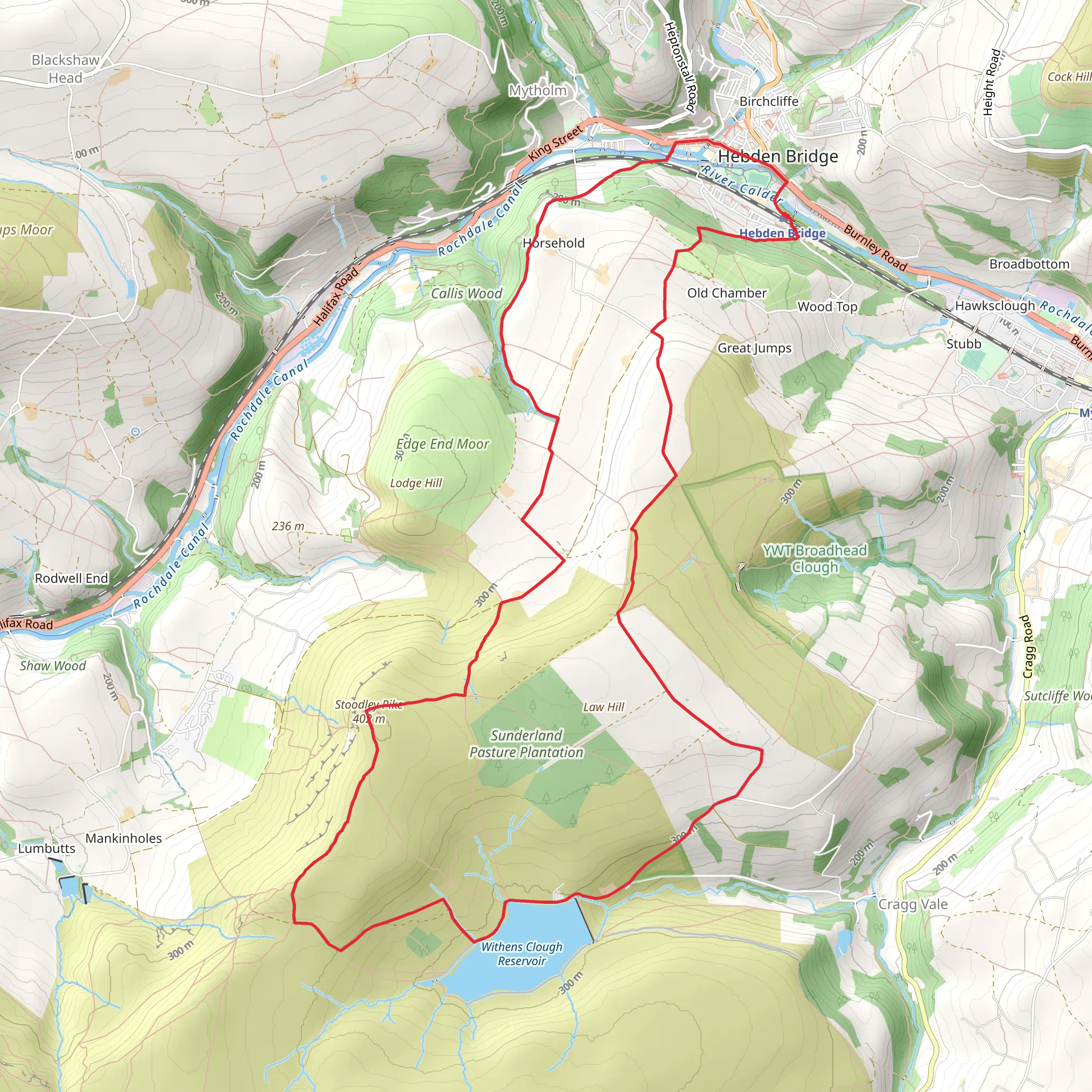 Hebden Bridge to Withens Clough Reservoir Loop via Stoodley Pike mobile static map