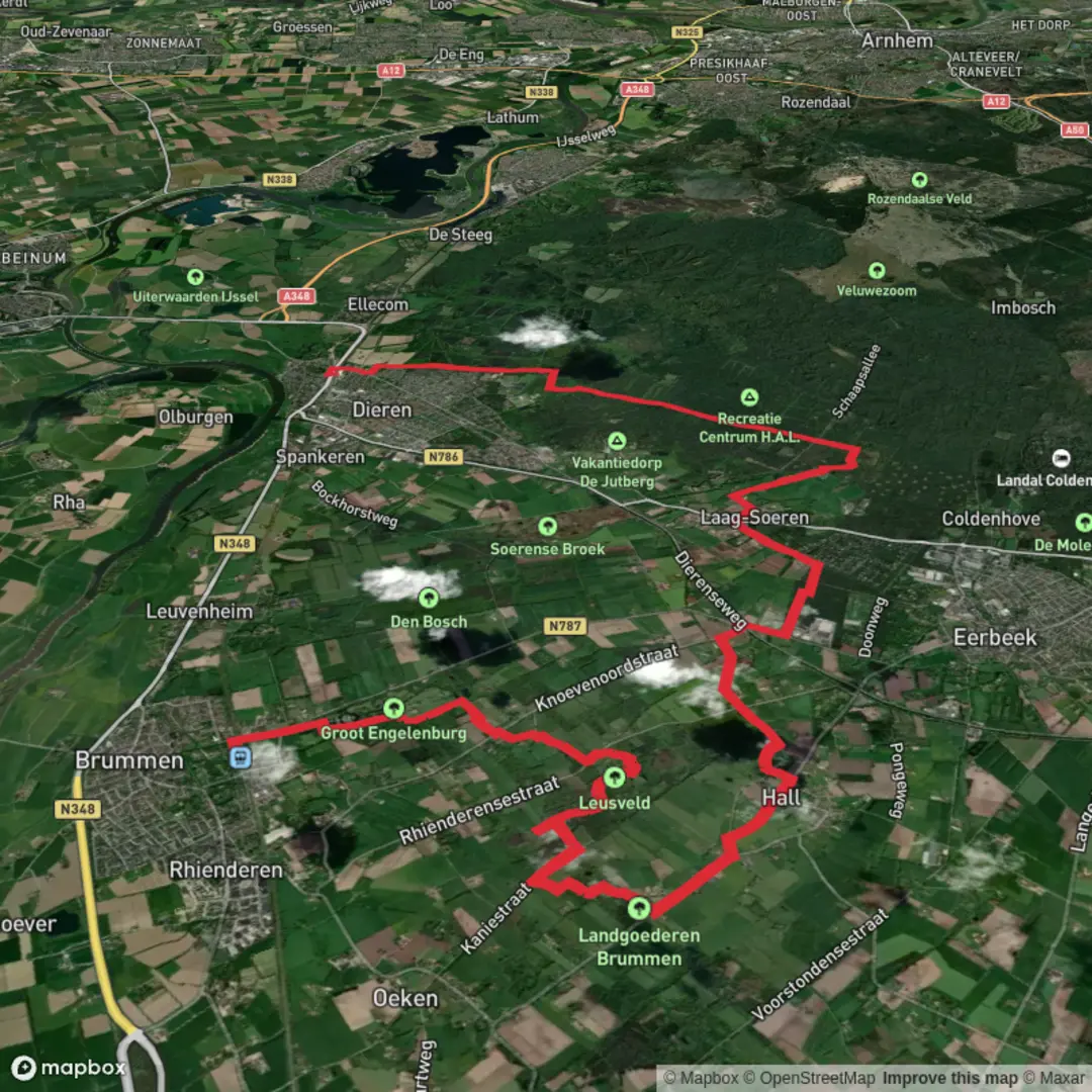 An image depicting the trail Brummen to Dieren via Leusveld and Schaddeveld and its surrounding area.