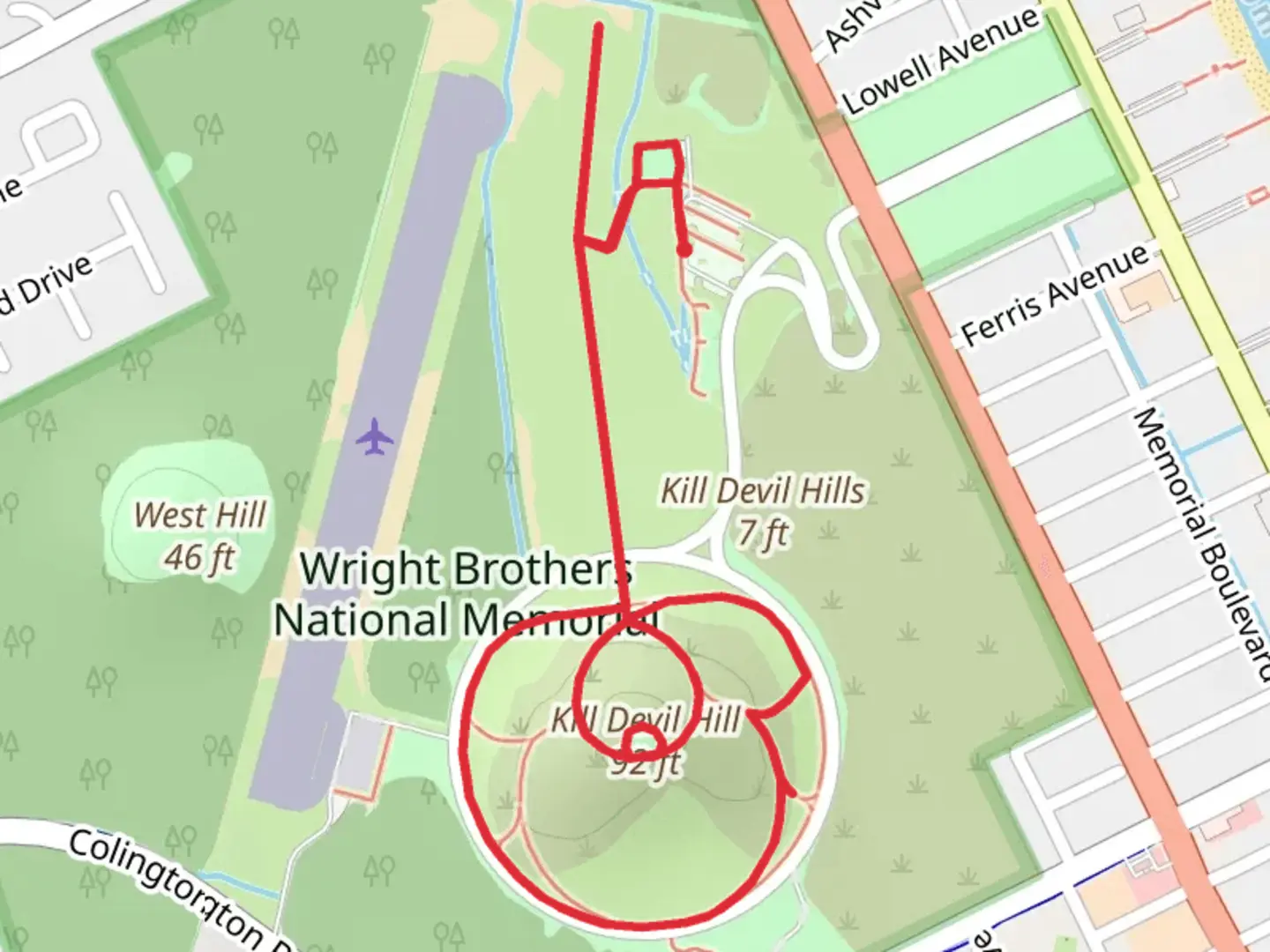 An image depicting the trail Wright Brothers National Memorial Loop and its surrounding area.
