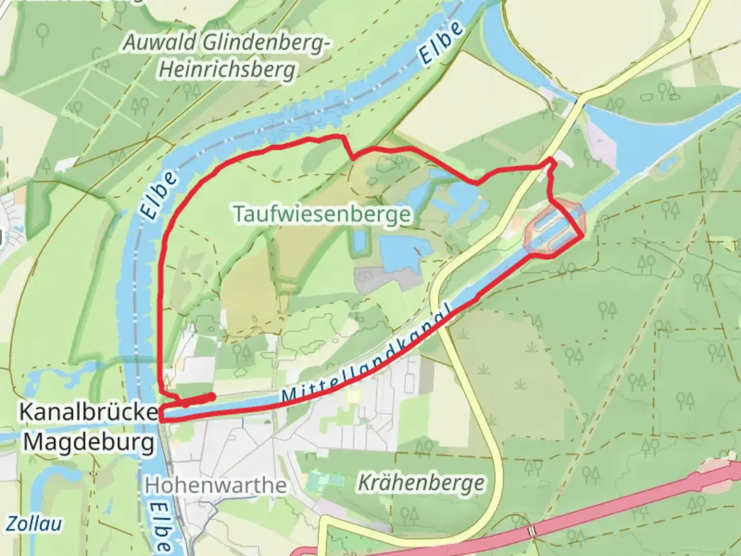 An image depicting the trail Mittellandkanal via Rund um Magdeburg and its surrounding area.