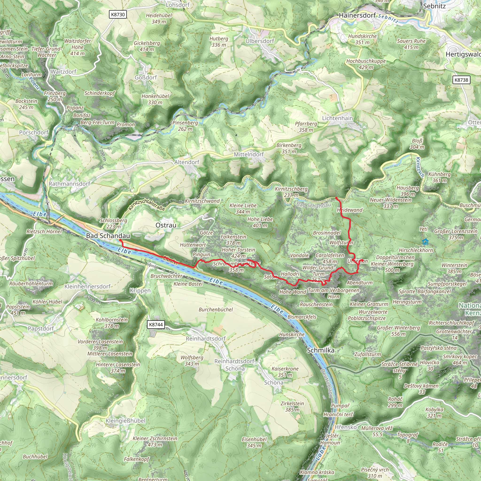 Bad Schandau to Beuthenfall via Elbe, Vergessener Kegel and Gruener Strich mobile static map