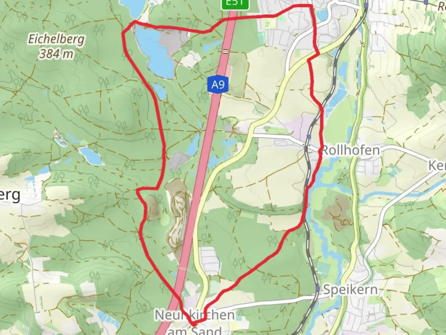 An image depicting the trail Neunkirchen am Sand, Rollhofen and Sandgrube Hammerand Loop and its surrounding area.