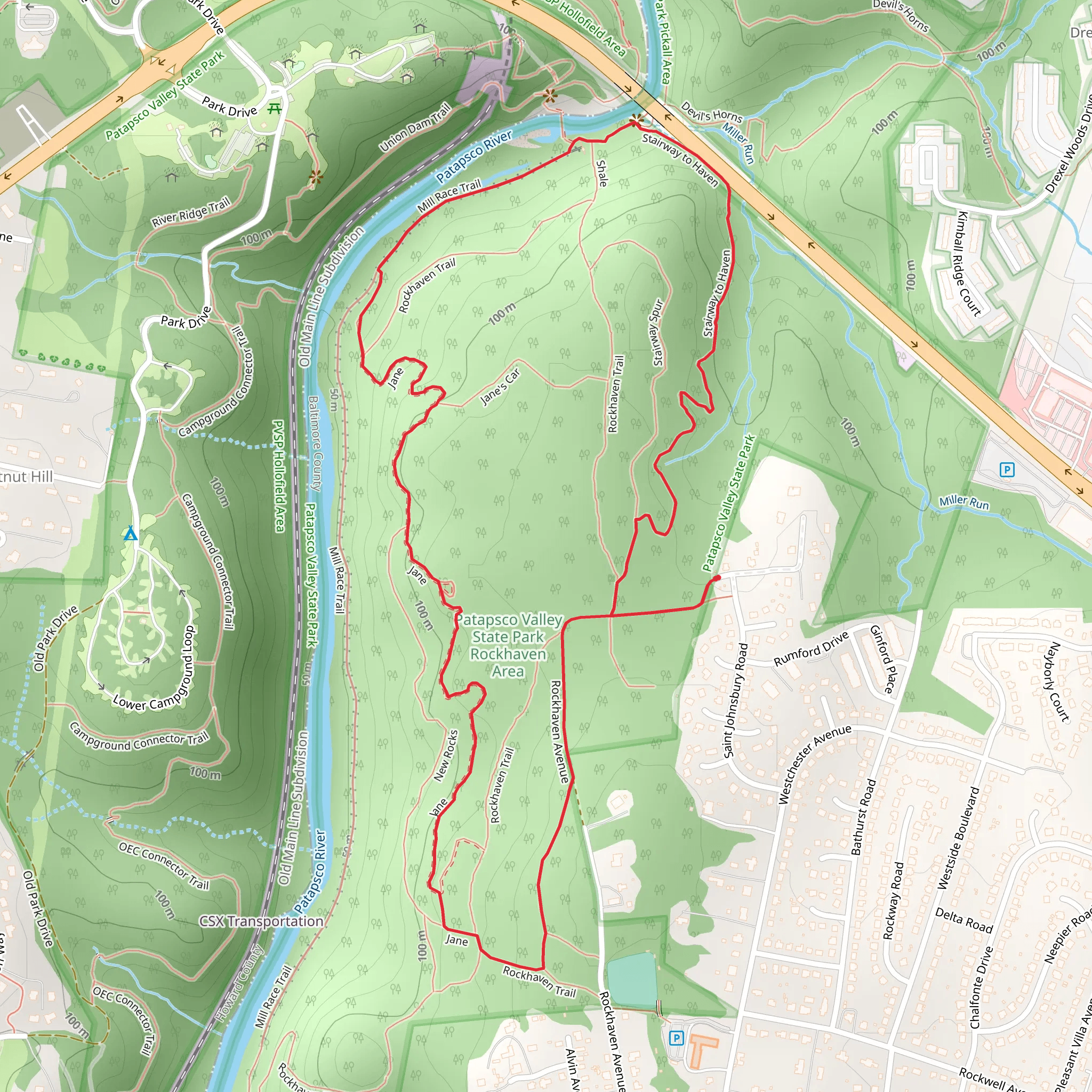 Jane, Mill Race and Stairway to Haven Loop Trail mobile static map