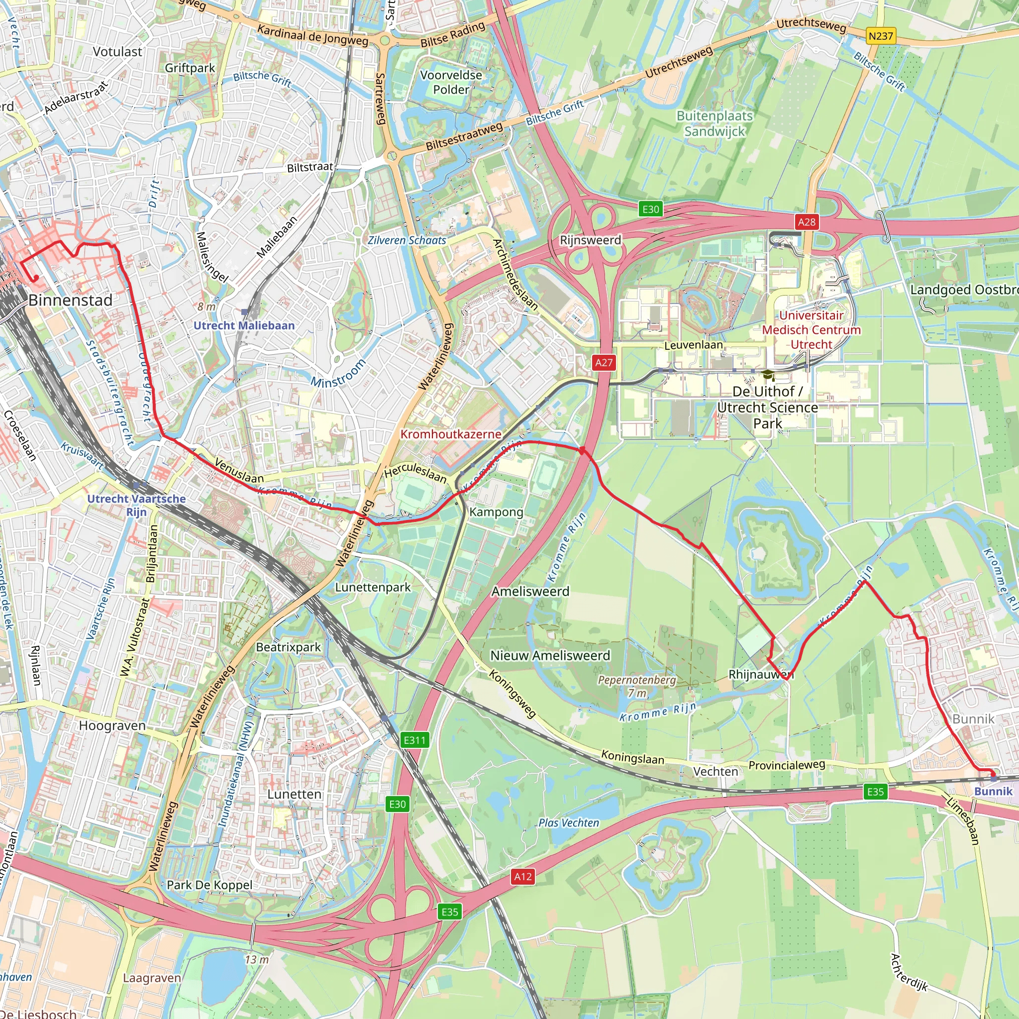 Bunnik to Utrecht Centraal via Waterliniepad and Kromme Rijnpad mobile static map