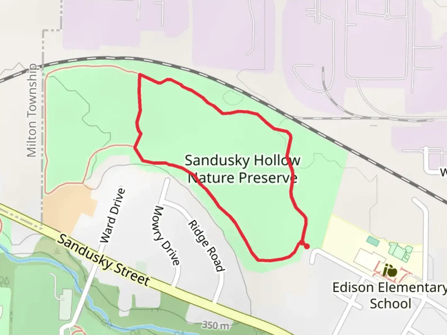 An image depicting the trail Sandusky Hollow Nature Preserve Loop via Sandusky Hollow and its surrounding area.