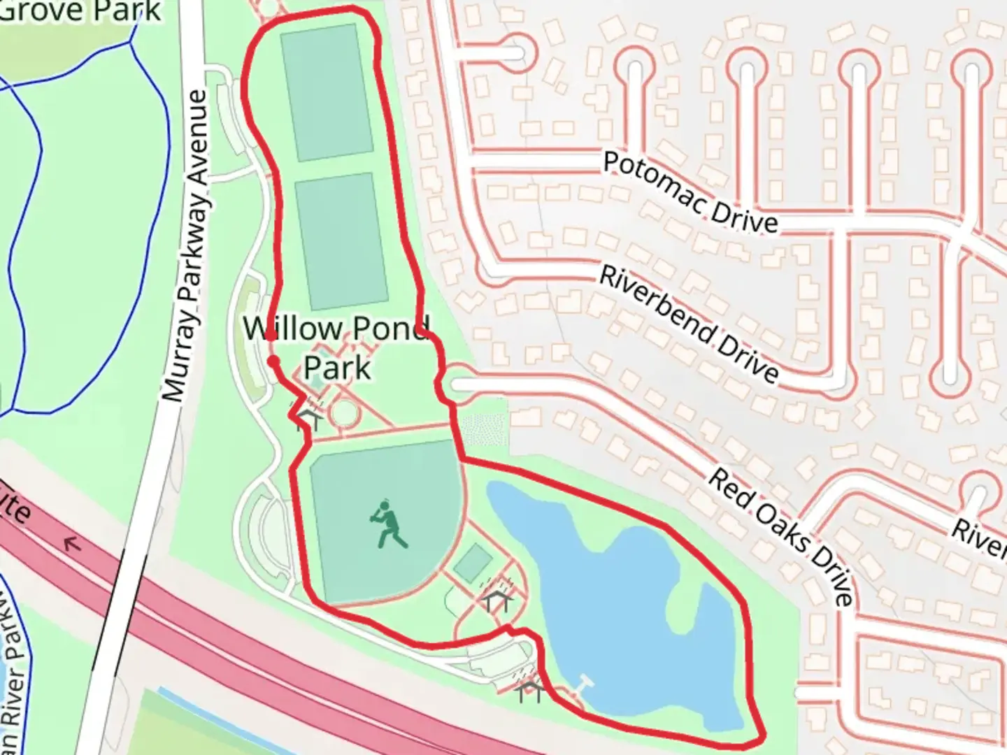 An image depicting the trail Willow Pond Park Loop and its surrounding area.