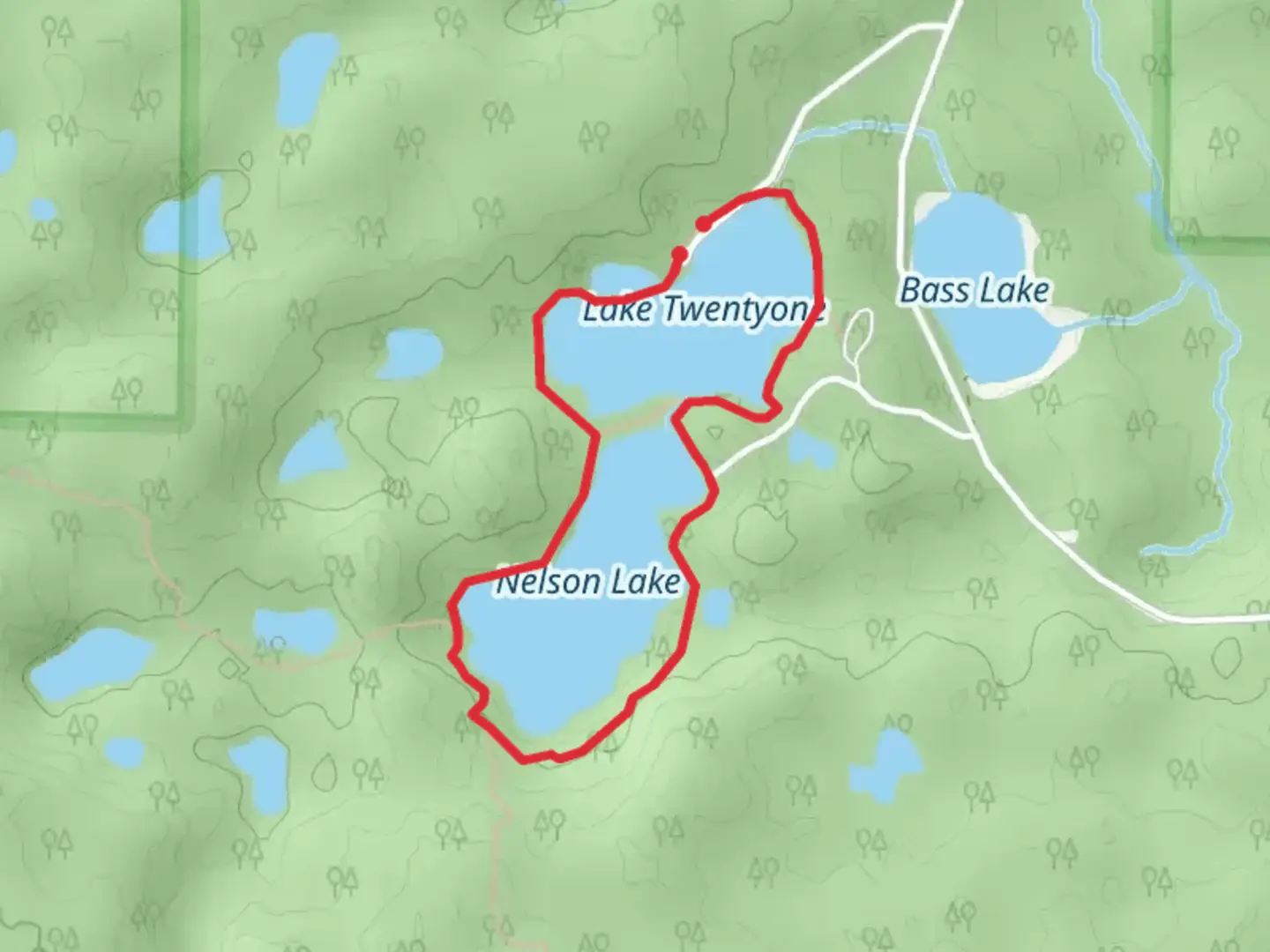 An image depicting the trail Lake Twentyone and Nelson Lake Loop Trail and its surrounding area.