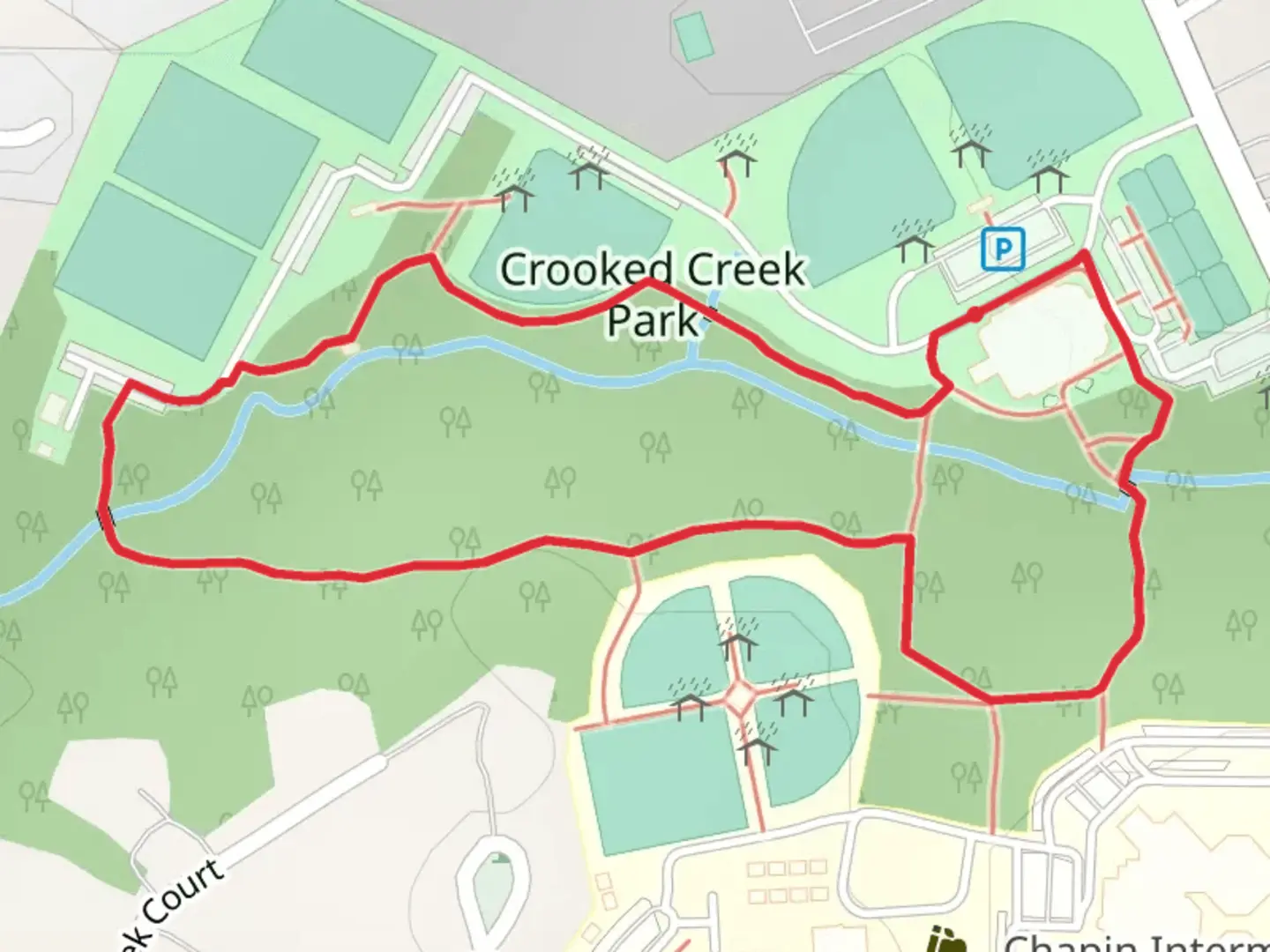 An image depicting the trail Crooked Creek Park Loop and its surrounding area.