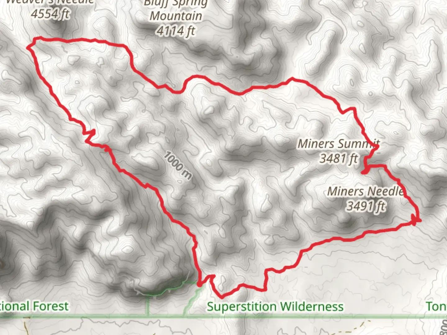 An image depicting the trail Peralta Canyon, Bluff Saddle and Dutchman Loop Trail and its surrounding area.