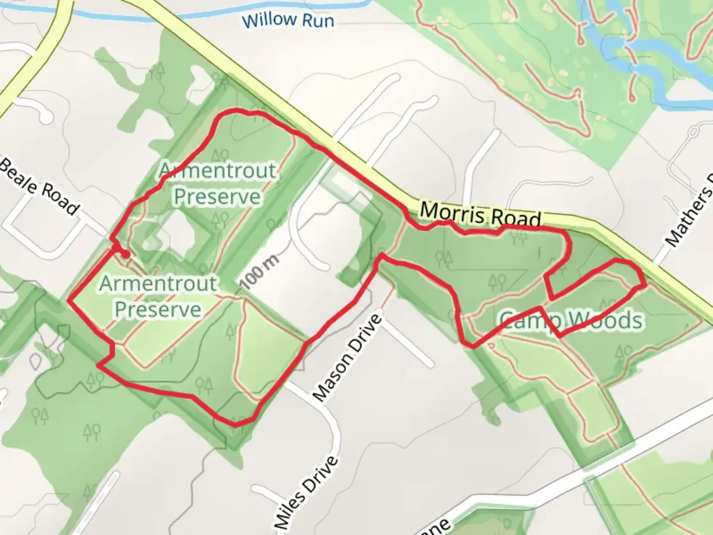 An image depicting the trail Willow Run Loop and its surrounding area.