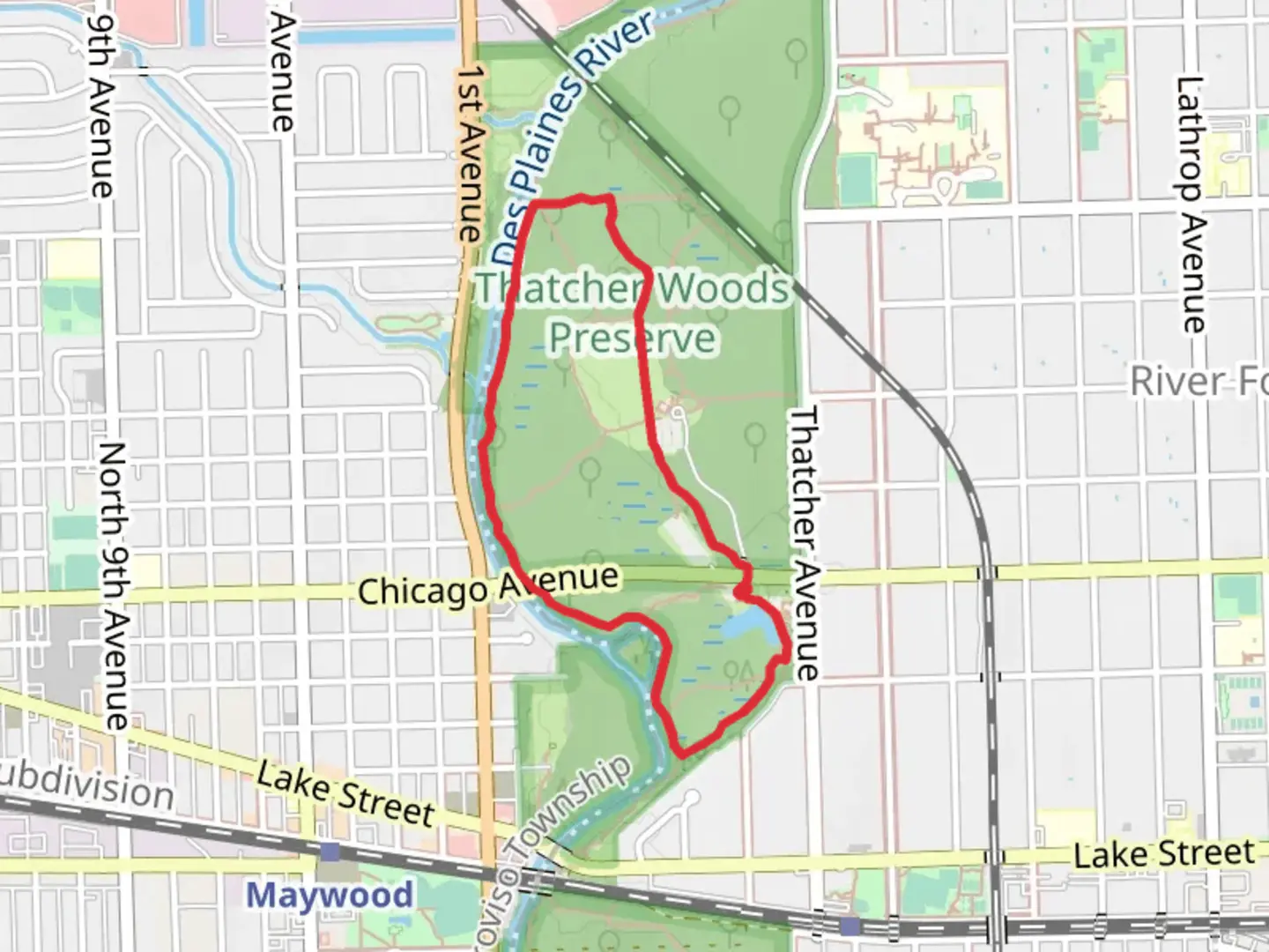 An image depicting the trail Thatcher Woods Hiking Trail Loop and its surrounding area.