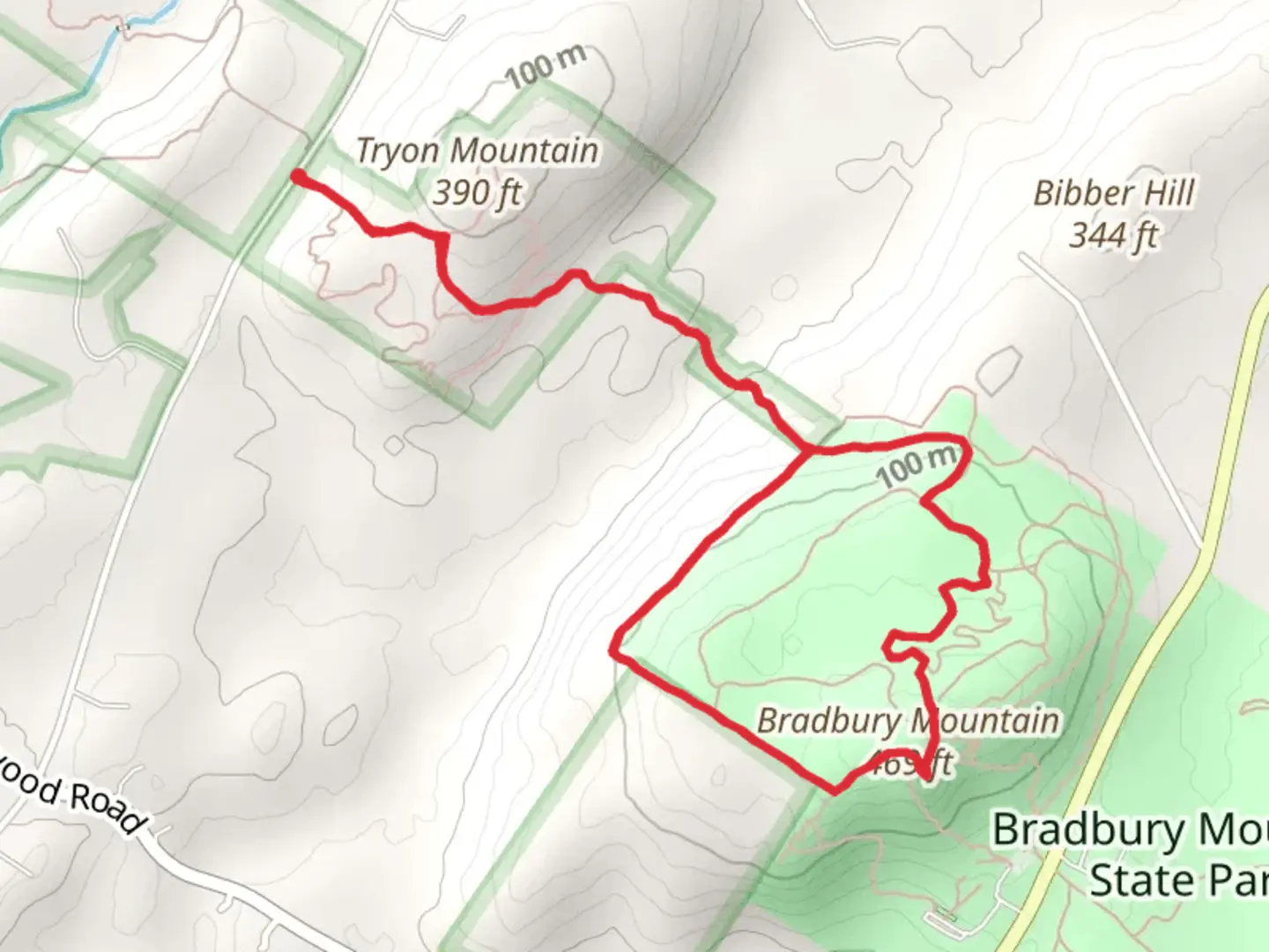 An image depicting the trail Tryon Mountain and Bradbury Mountain Loop and its surrounding area.