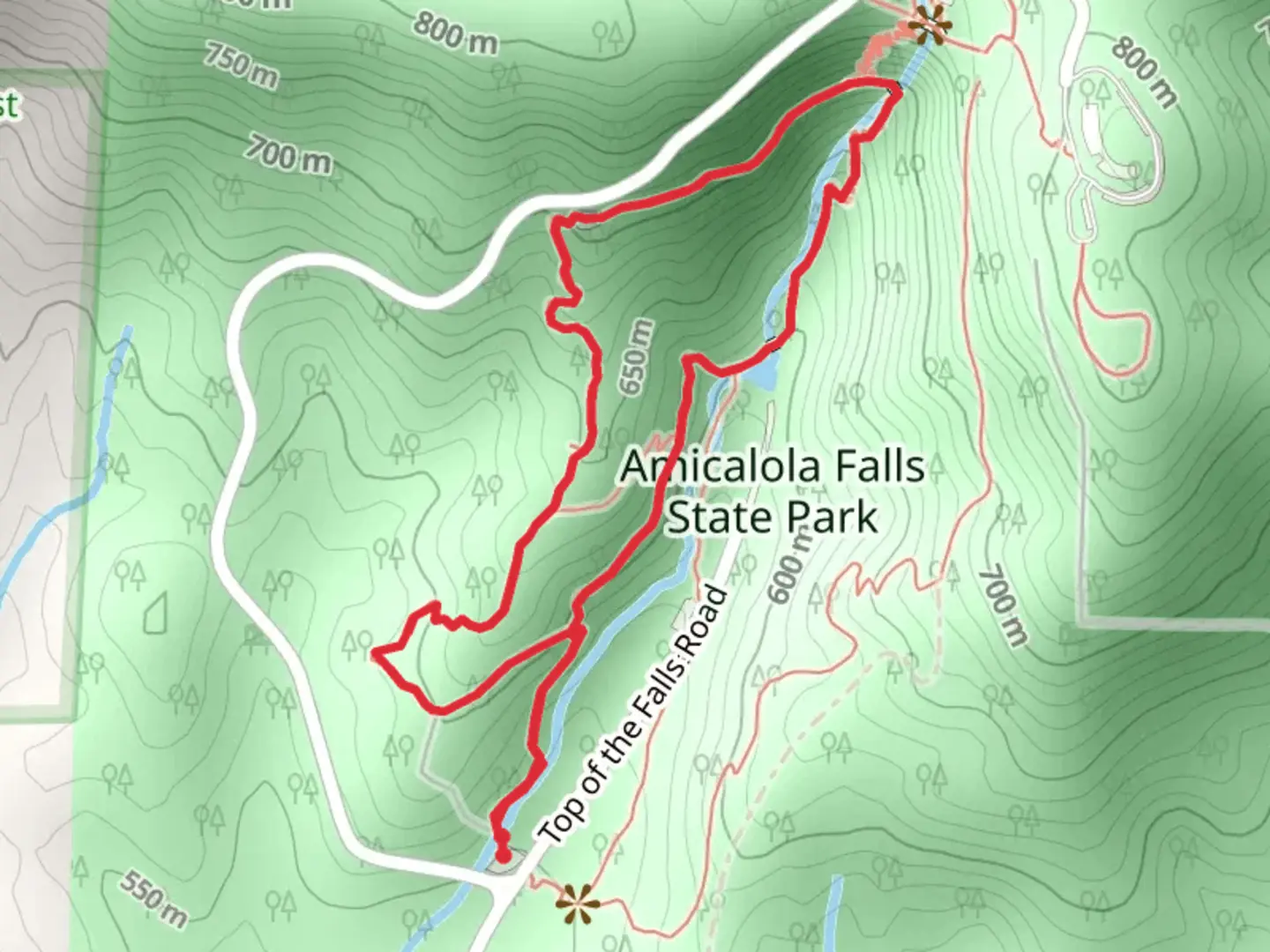 An image depicting the trail Creek Trail and West Ridge Falls Access Loop and its surrounding area.