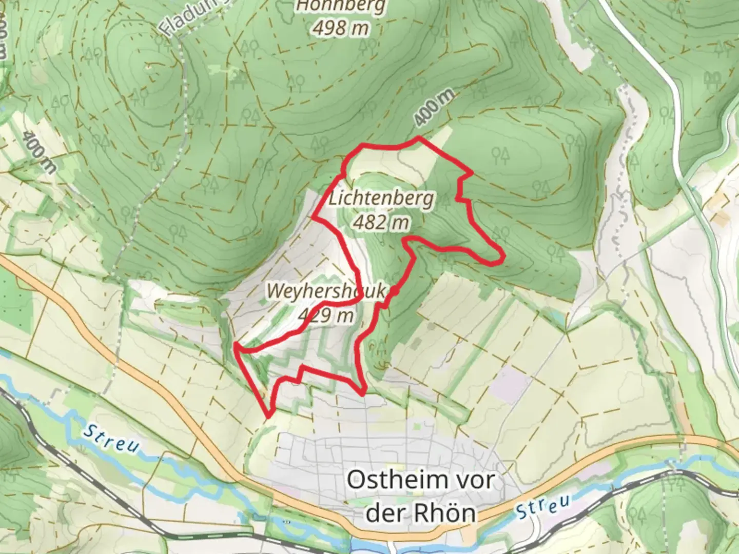 An image depicting the trail Schlossberg Lichtenburg and Weyhershauk Loop and its surrounding area.