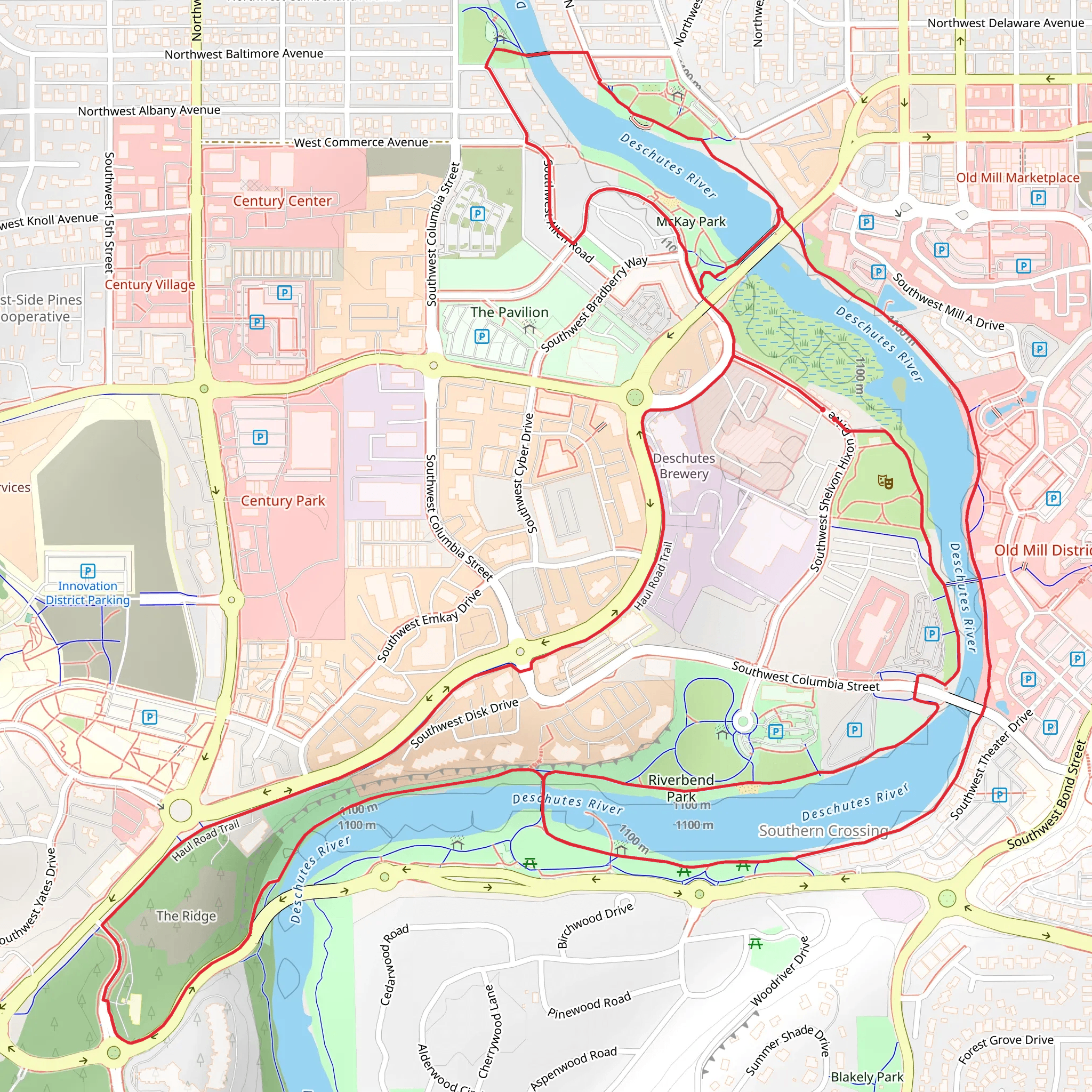 McKay Park, Riverbend Park and Miller's Landing Park Loop via Deschutes River mobile static map