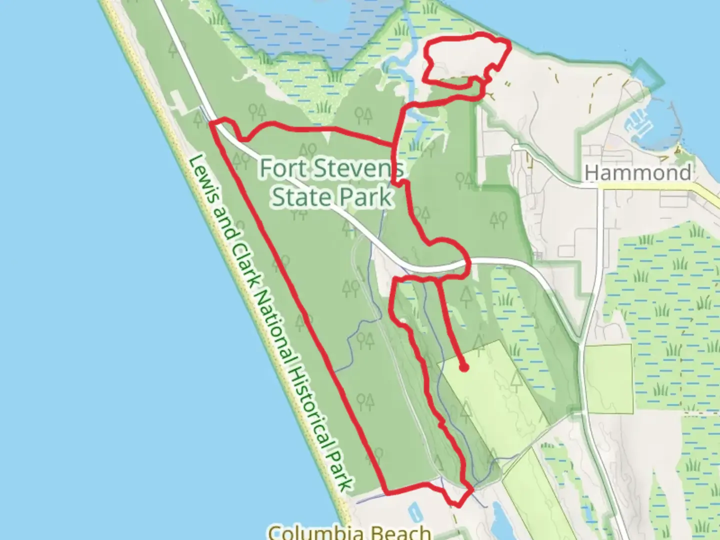 An image depicting the trail Jetty Road and Fort Stevens Trail Loop and its surrounding area.